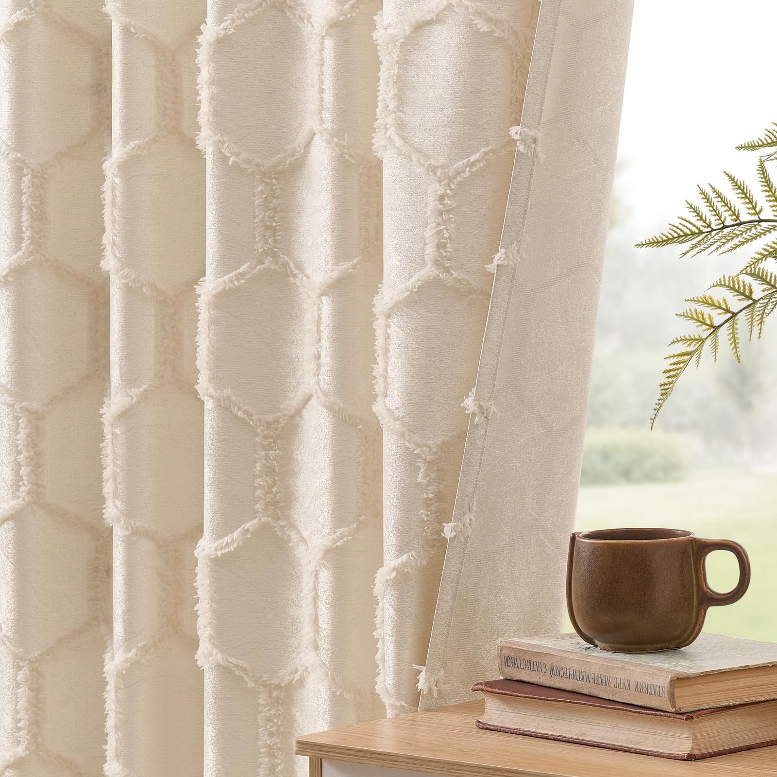 Taupe Geometric Curtains 84 Inches Long 2 Panels Jacquard Fluffy Hexagon Tufted Curtains Rod Pocket Back Tab Light Filtering Semi Sheer Privacy Decor Lattice Drapes for Bedroom Living Room, 52x84
