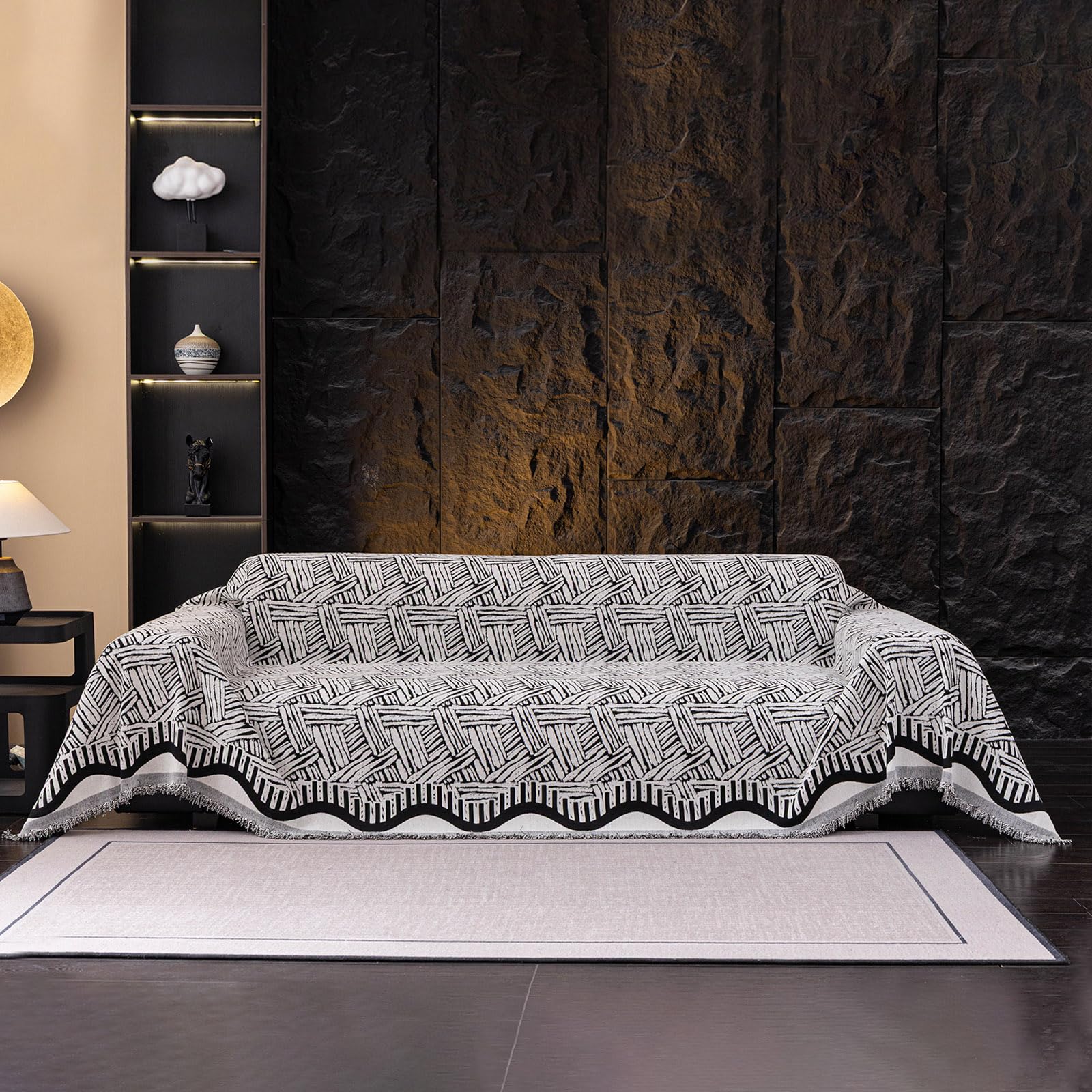 VClife Boho Couch Cover, Washable Sofa Cover for Dog, Non Slip Couch Covers for 3 Cushion Couch, Modern Khaki Creamy White Geometric Sofa Slipcovers Multi-Functional Furniture Protector 71'' x 134''