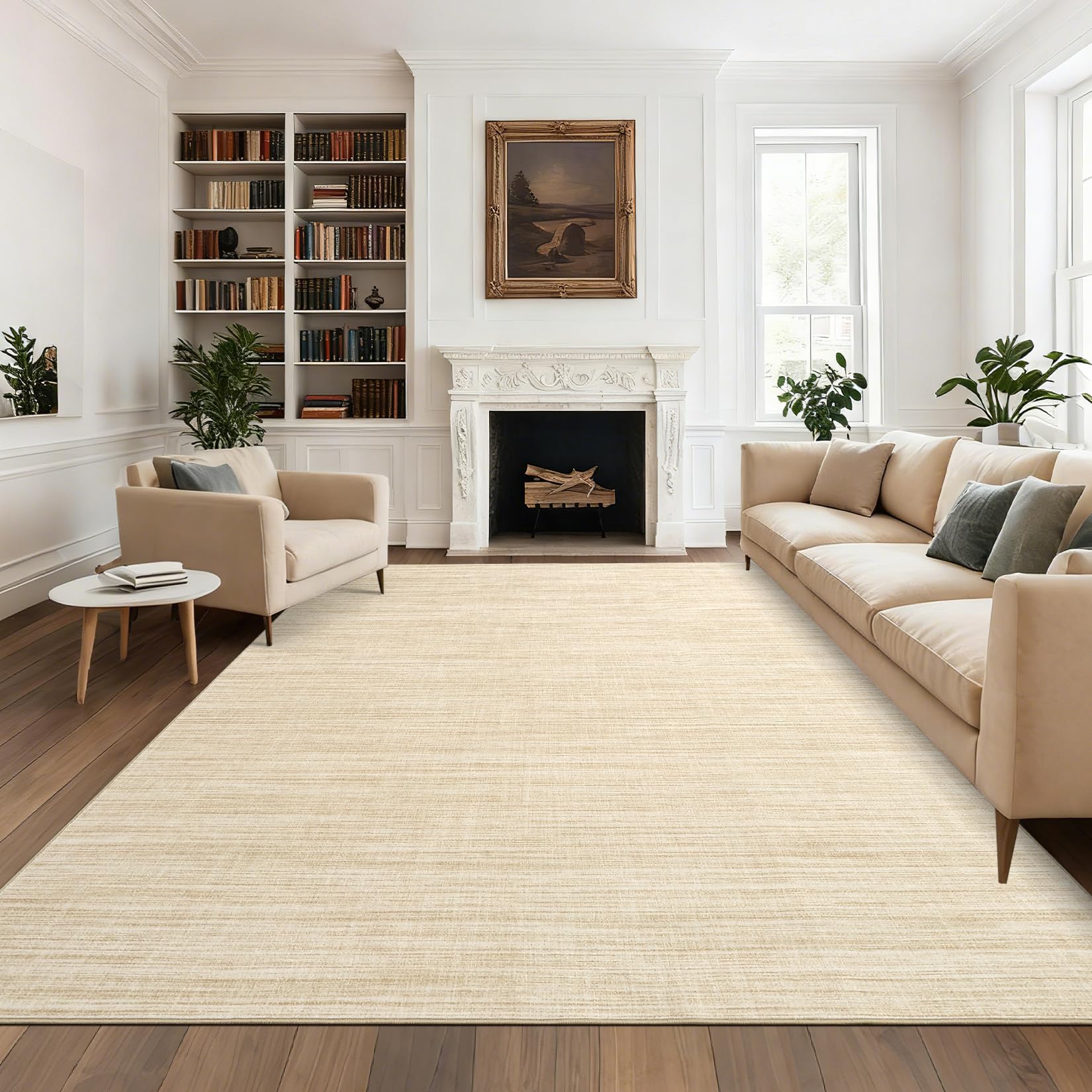 COZYLOOM 8x10 Rugs for Living Room Machine Washable Rug with Non Slip Backing Solid Color Print Rug Satin Resistant Low Pile Contemporary Carpet Non Shedding Throw Mats for Bedroom Nursery, Camel