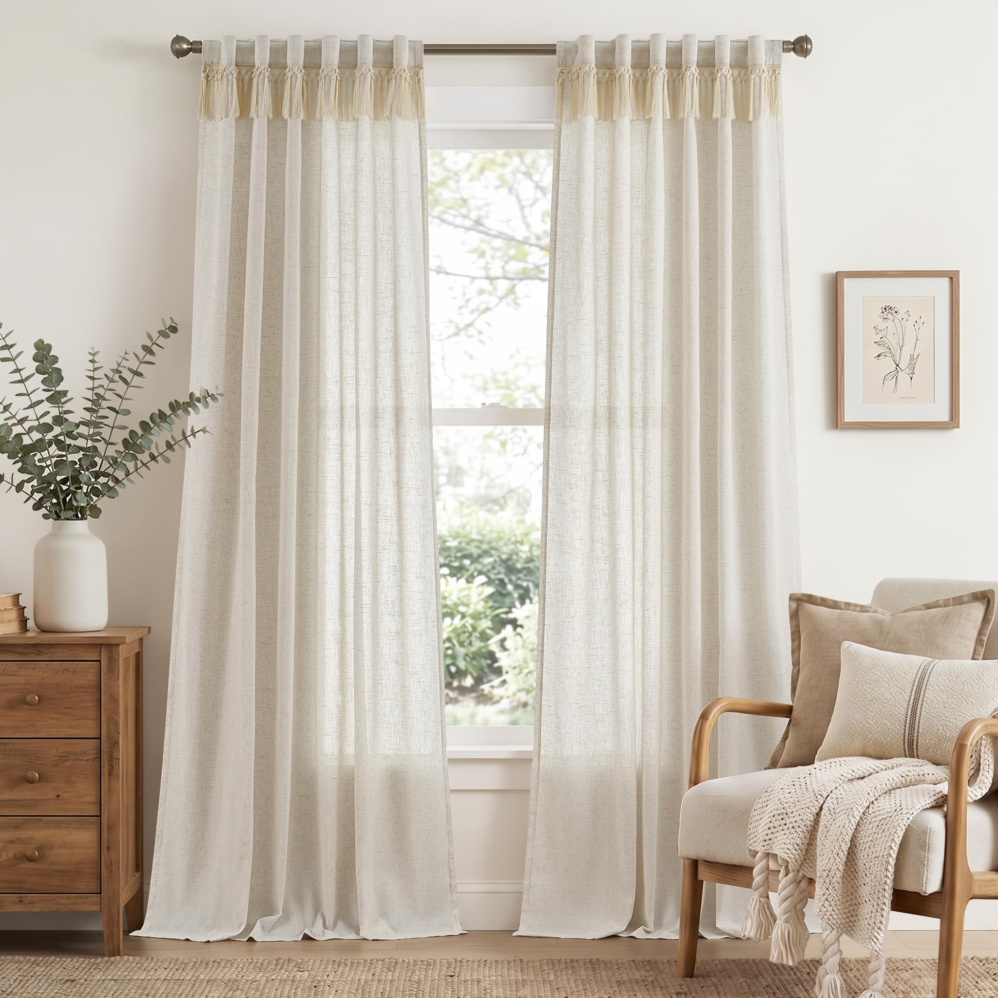 Linen Curtains for Living Room Bedroom 84 Inches Long Thick Linen Textured Beige Curtains Light Filtering Natural Semi Sheer Farmhouse Window Drapes, Country Rustic Drapes 2 Panels Back Tab/Rod Pocket