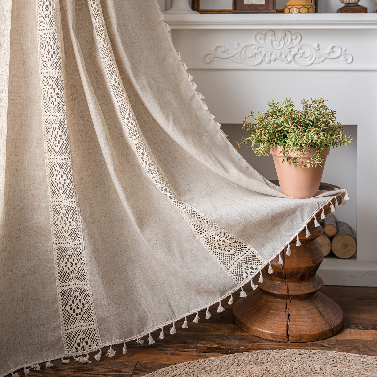 Green Boho Floral Curtains 84", 2 Panels Cotton Linen Semi-Blackout Drapes with Tassel