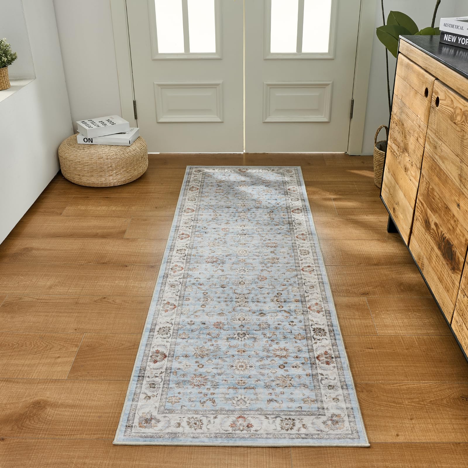 WITSHOCK 10x14 Area Rugs Living Room: Washable Large Neutral Vintage Soft Rug Stain Resistant Non-Slip Farmhouse Indoor Low Pile Floor Carpet for Bedroom Nursery Kids Office- Light Blue