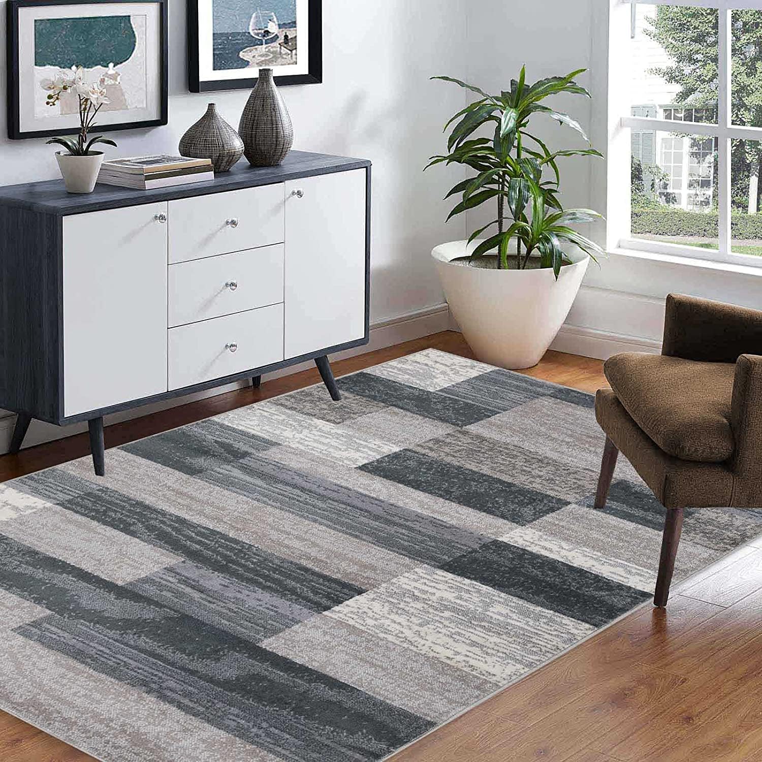 SUPERIOR Indoor Area Rug, Jute Backed, Modern Geometric Patchwork Floor Decor for Bedroom, Office, Living Room, Entryway, Hardwood Floors, Rockwood Collection, 4' x 6', Chocolate