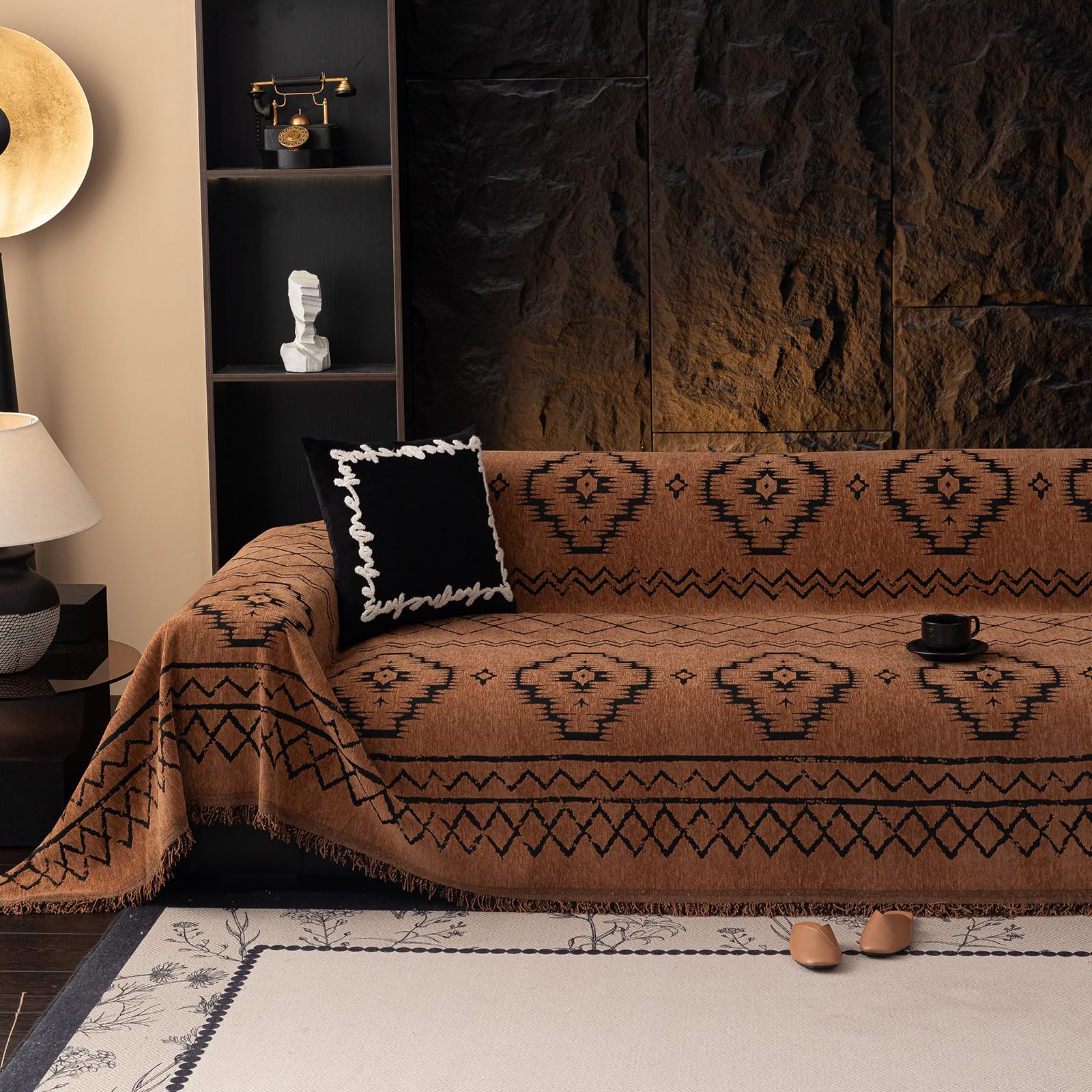 VClife Boho Couch Cover Blue Geometric Jacquard Pattern Sofa Cover, 1 Piece Large Couch Covers for 3 Cushion Couch Sofa Washable Plush Chenille Sofa Protector for Living Room, 71x134 Inch