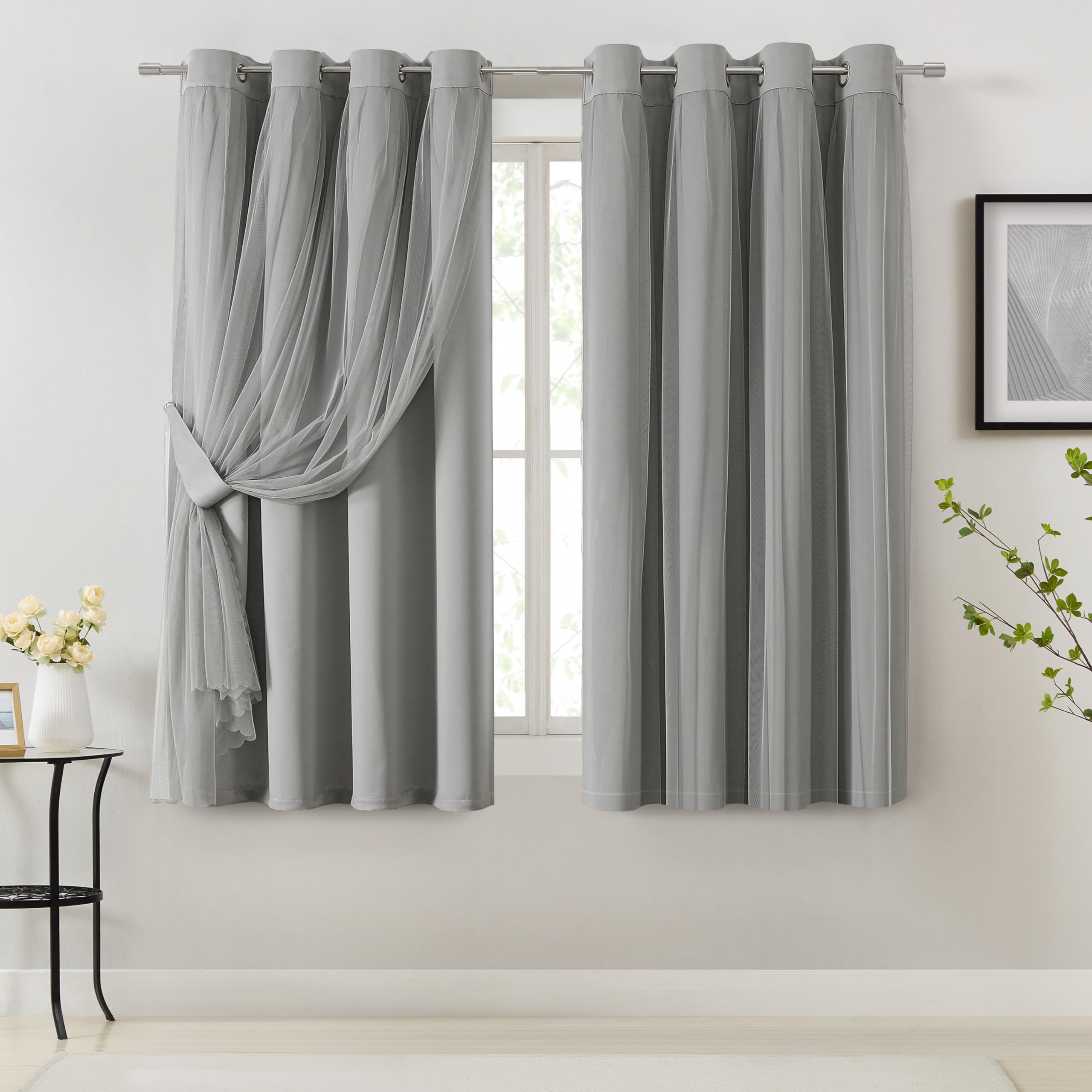 Bujasso Beige 90% Blackout Curtains with Sheer Overlay Mix and Match Double Layer Thermal Insulated Window Panels 84 inch for Living Room Bedroom Beige Drapes with Tiebacks Grommet Top 37" Wx84 Lx2