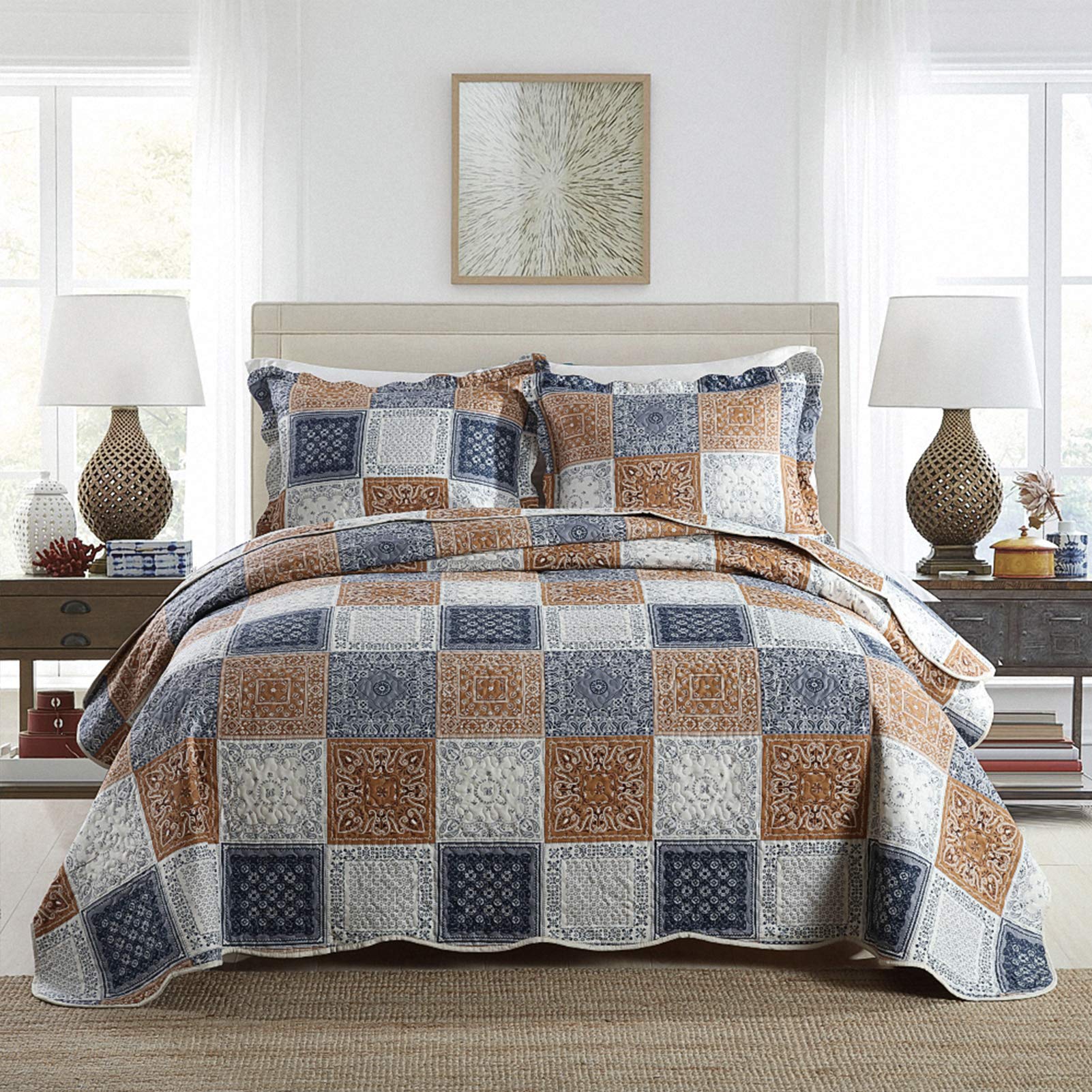 NEWLAKE Quilt Set Queen Size, 100% Cotton Patchwork Green Bohemian Quilt Sets, Reversible Bedspread Lightweight and Breathable for All Seasons, Soft Quilted Bedspread with 2 Pillow Shams