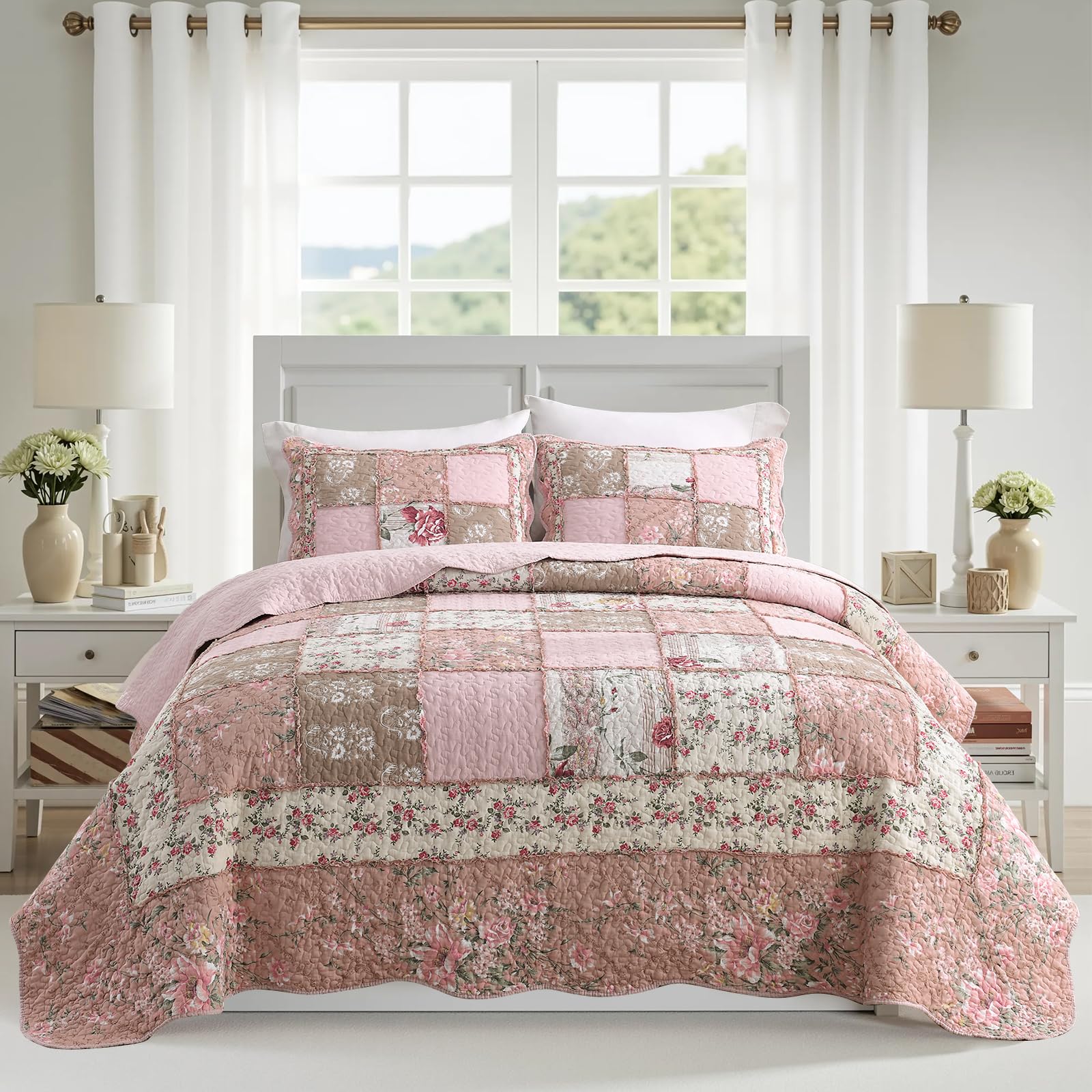 NEWLAKE Quilt Set Queen Size, 100% Cotton Patchwork Green Bohemian Quilt Sets, Reversible Bedspread Lightweight and Breathable for All Seasons, Soft Quilted Bedspread with 2 Pillow Shams