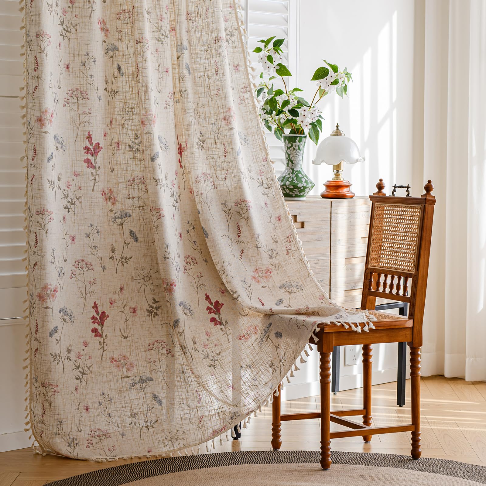 Green Boho Floral Curtains 84", 2 Panels Cotton Linen Semi-Blackout Drapes with Tassel
