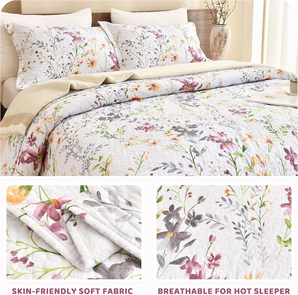 Sanracie 100% Cotton Quilt Queen Size(90"x98")-Floral Quilted Bedspreads Set,3pcs Yellow Wild Flower Botanical Printed Pattern Quilt Bedding Coverlet Summer Soft Lightweight Aesthetic Bedding