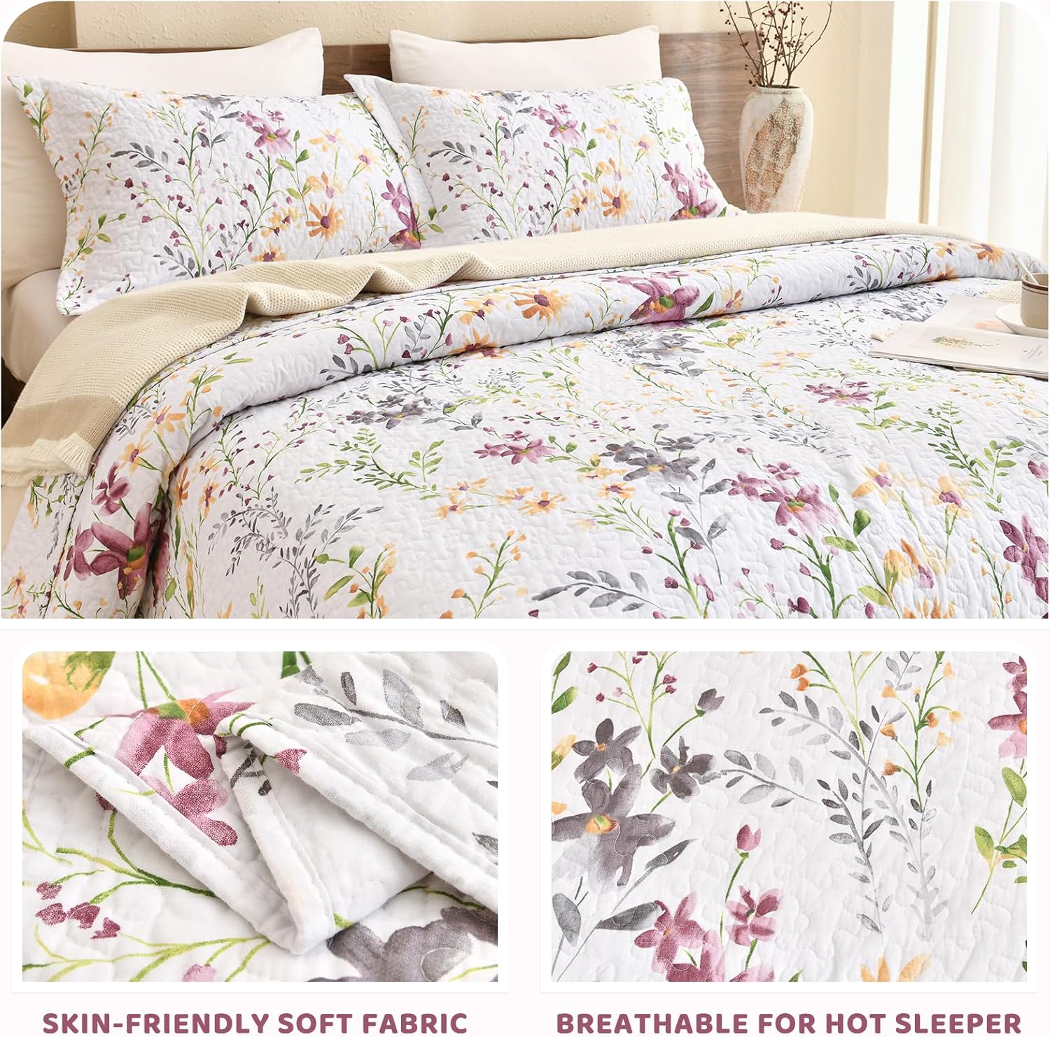 Sanracie 100% Cotton Quilt Queen Size(90"x98")-Floral Quilted Bedspreads Set,3pcs Yellow Wild Flower Botanical Printed Pattern Quilt Bedding Coverlet Summer Soft Lightweight Aesthetic Bedding