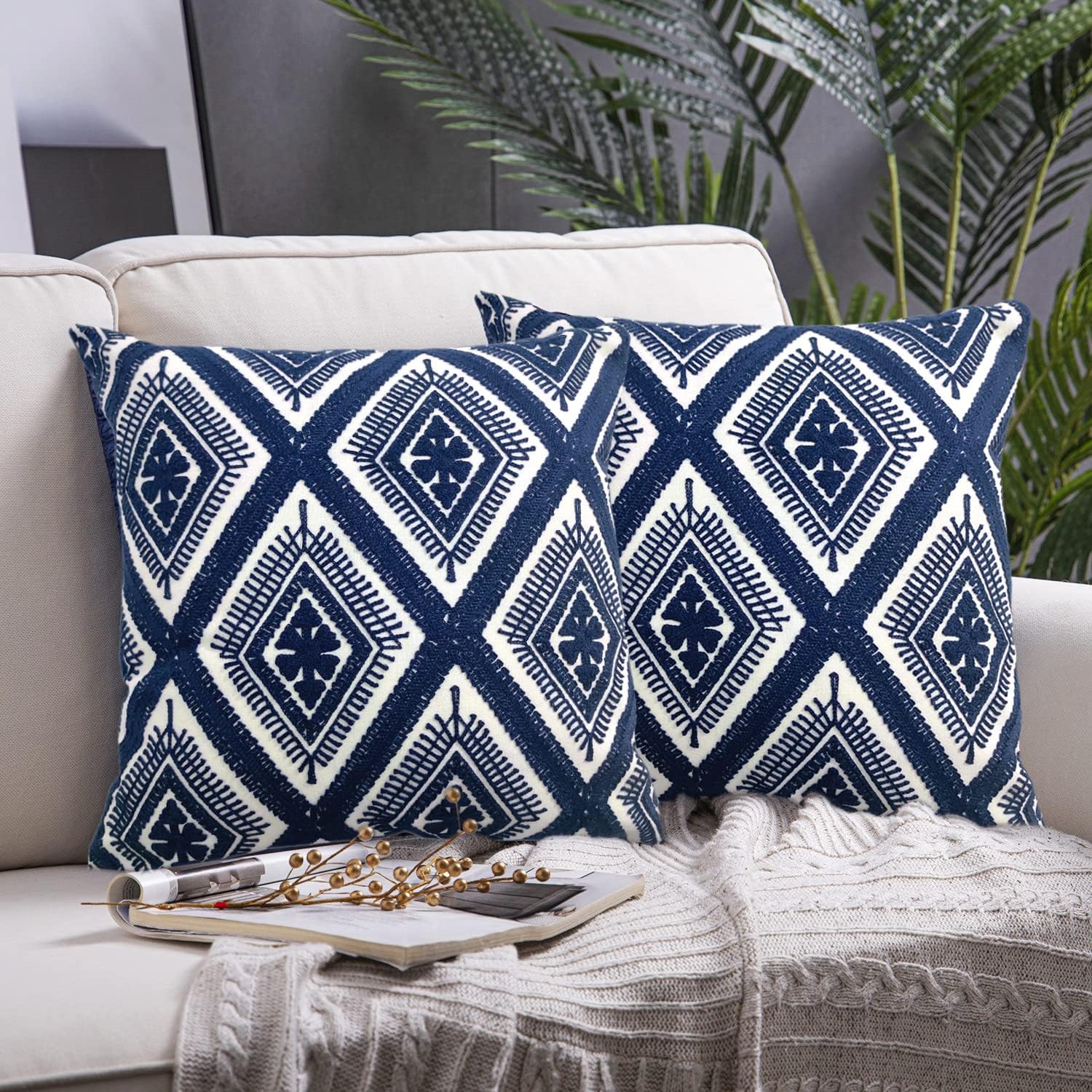 Navy Blue Boho Geometric Pillow Covers 18x18", Set of 2 Embroidered Cotton Cushion Cases