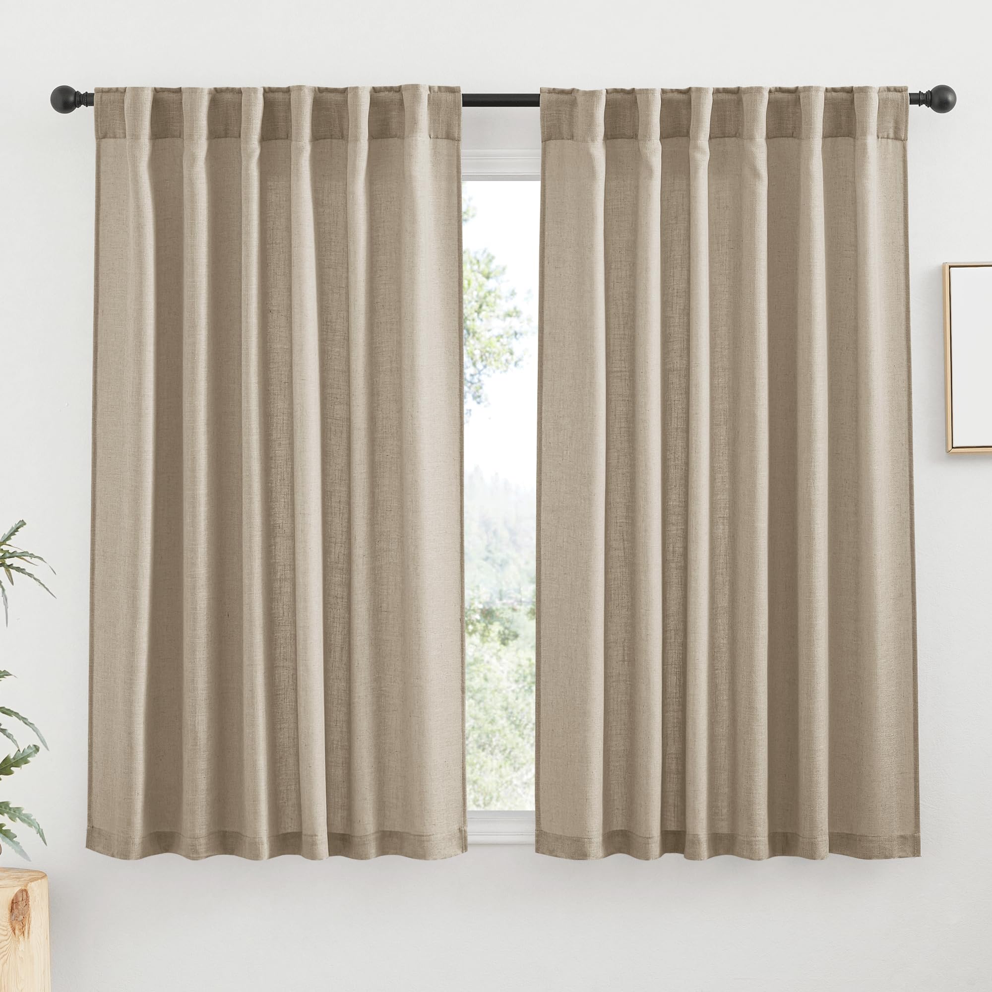 RYB HOME Semi Sheer Curtains - Linen Blend Privacy Curtains Sheer Window Treatment Drapes Farmhouse Decor for Bedroom Living Room Sliding Glass Door, 52 inch Wide x 95 inch Long 2 Panels, Linen