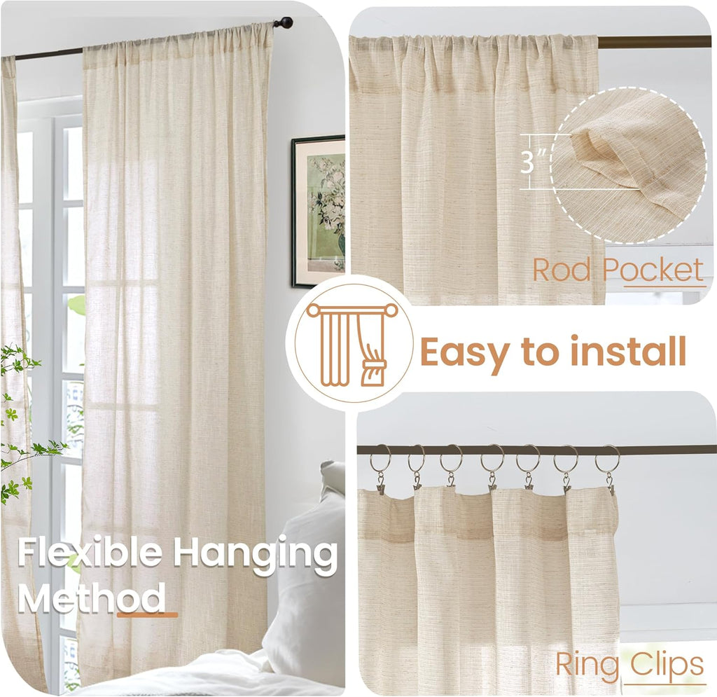 BGment 80 Inches Long Natural Linen Curtains 2 Panels Set - Burlap Light Filtering Window Drapes with Rod Pocket Semi Sheer for Farmhouse Bedroom Decor Rustic, 52 Inch Wide Each Panel