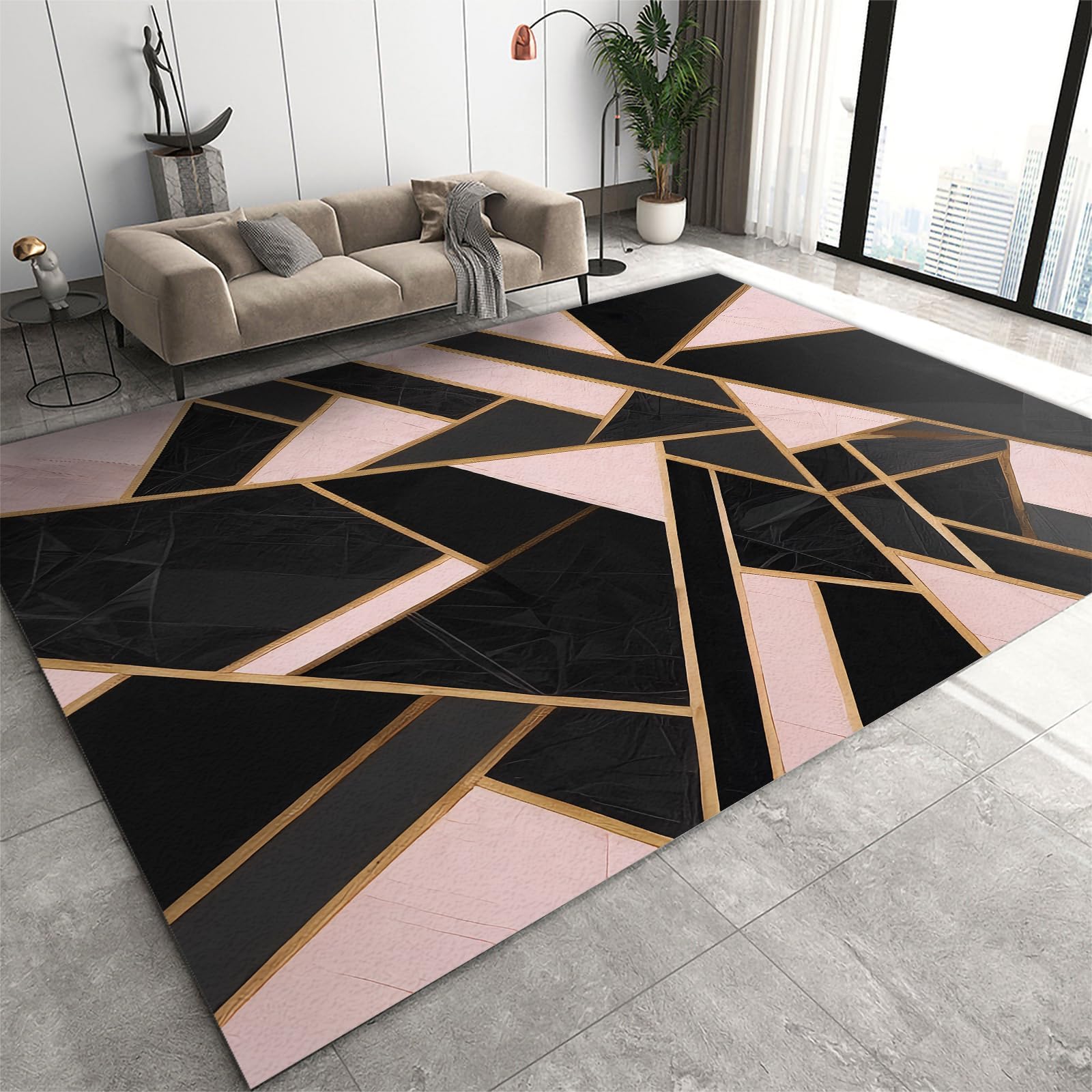 3x5 Rug Minimalist Light Luxury Washable Rugs, Nordic Marble Irregular Geometry Bedroom Rugs with Non Slip Backing for Bedroom Hotel Hardwood Floors Garage Farmhouse