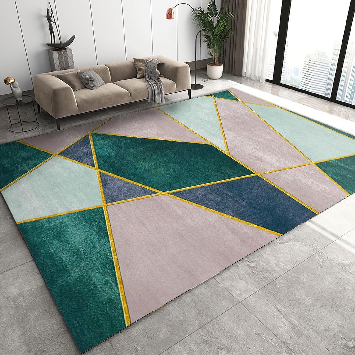 5x6 Area Rug Nordic Light Luxury Rugs for Bedroom, Emerald Green Pink Blue Gold Geometric Bedroom Rug Aesthetic Easy to Clean for Indoor Outdoor Hardwood Floors Home Decor