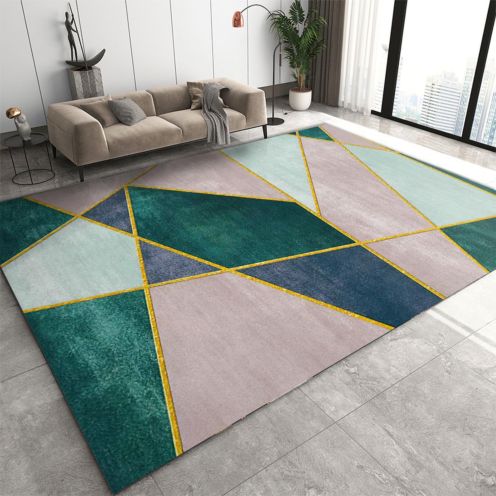 5x6 Area Rug Nordic Light Luxury Rugs for Bedroom, Emerald Green Pink Blue Gold Geometric Bedroom Rug Aesthetic Easy to Clean for Indoor Outdoor Hardwood Floors Home Decor