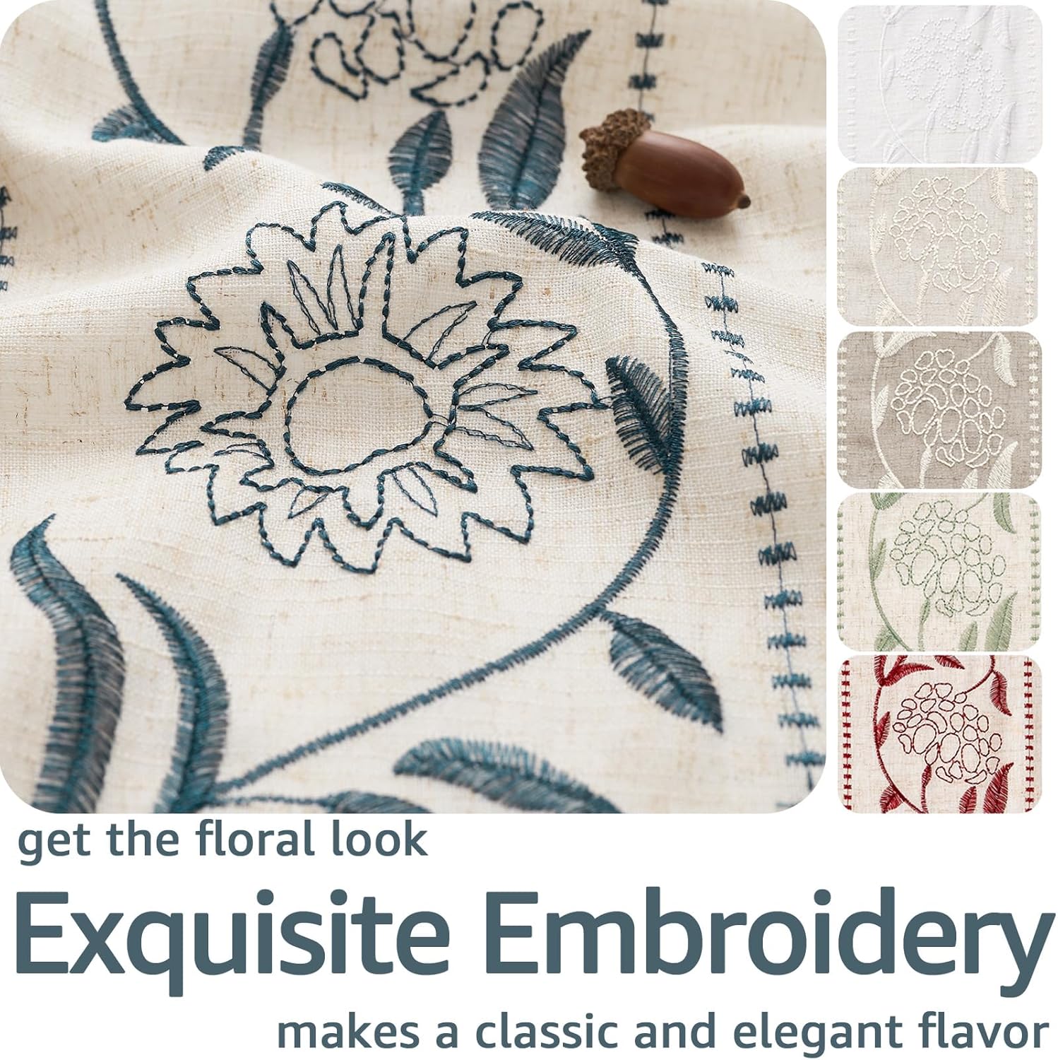 jinchan Winslow Linen Curtains for Bedroom 84 Inches Length Embroidered Bordered Floral Curtains for Living Room Farmhouse Decor Light Filtering Window Treatments Blue on Beige Drapes 2 Panels