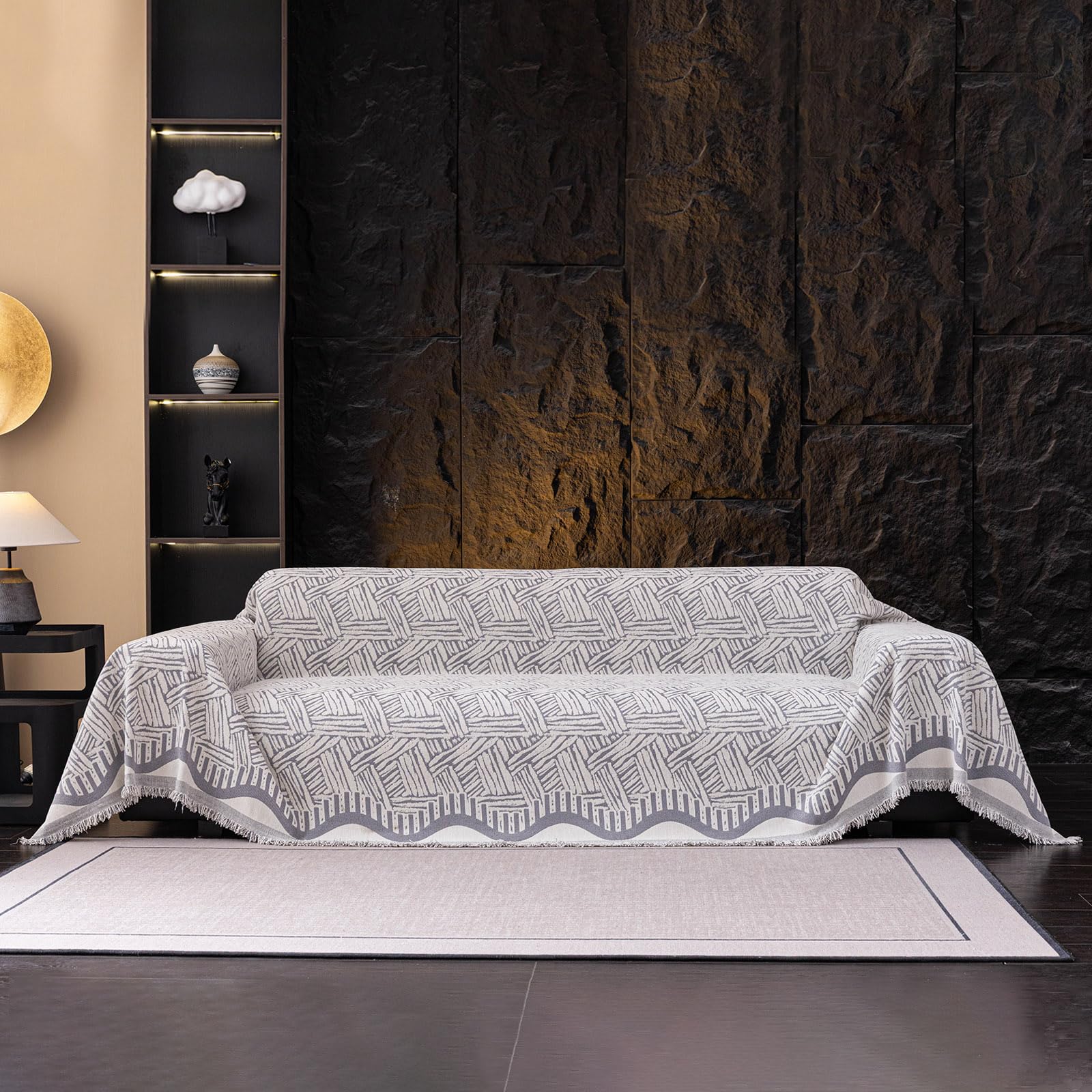 VClife Boho Couch Cover, Washable Sofa Cover for Dog, Non Slip Couch Covers for 3 Cushion Couch, Modern Khaki Creamy White Geometric Sofa Slipcovers Multi-Functional Furniture Protector 71'' x 134''