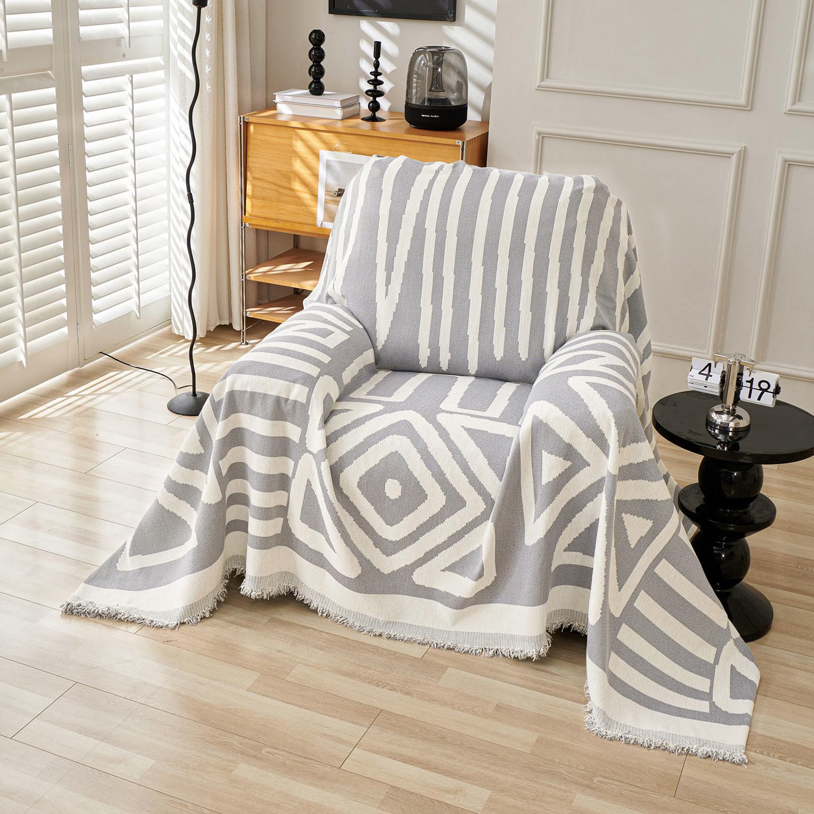 VClife Boho Couch Cover, Washable Sofa Cover for Dog, Non Slip Couch Covers for 3 Cushion Couch, Modern Khaki Creamy White Geometric Sofa Slipcovers Multi-Functional Furniture Protector 71'' x 134''