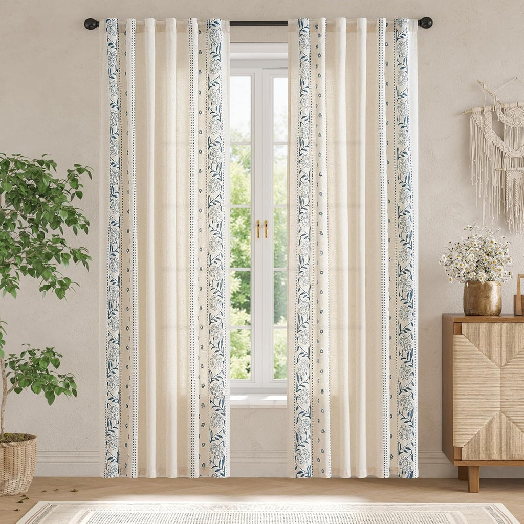 jinchan Winslow Linen Curtains for Bedroom 84 Inches Length Embroidered Bordered Floral Curtains for Living Room Farmhouse Decor Light Filtering Window Treatments Blue on Beige Drapes 2 Panels