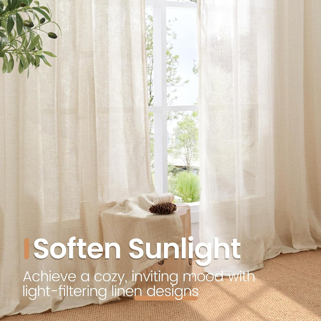 BGment 80 Inches Long Natural Linen Curtains 2 Panels Set - Burlap Light Filtering Window Drapes with Rod Pocket Semi Sheer for Farmhouse Bedroom Decor Rustic, 52 Inch Wide Each Panel