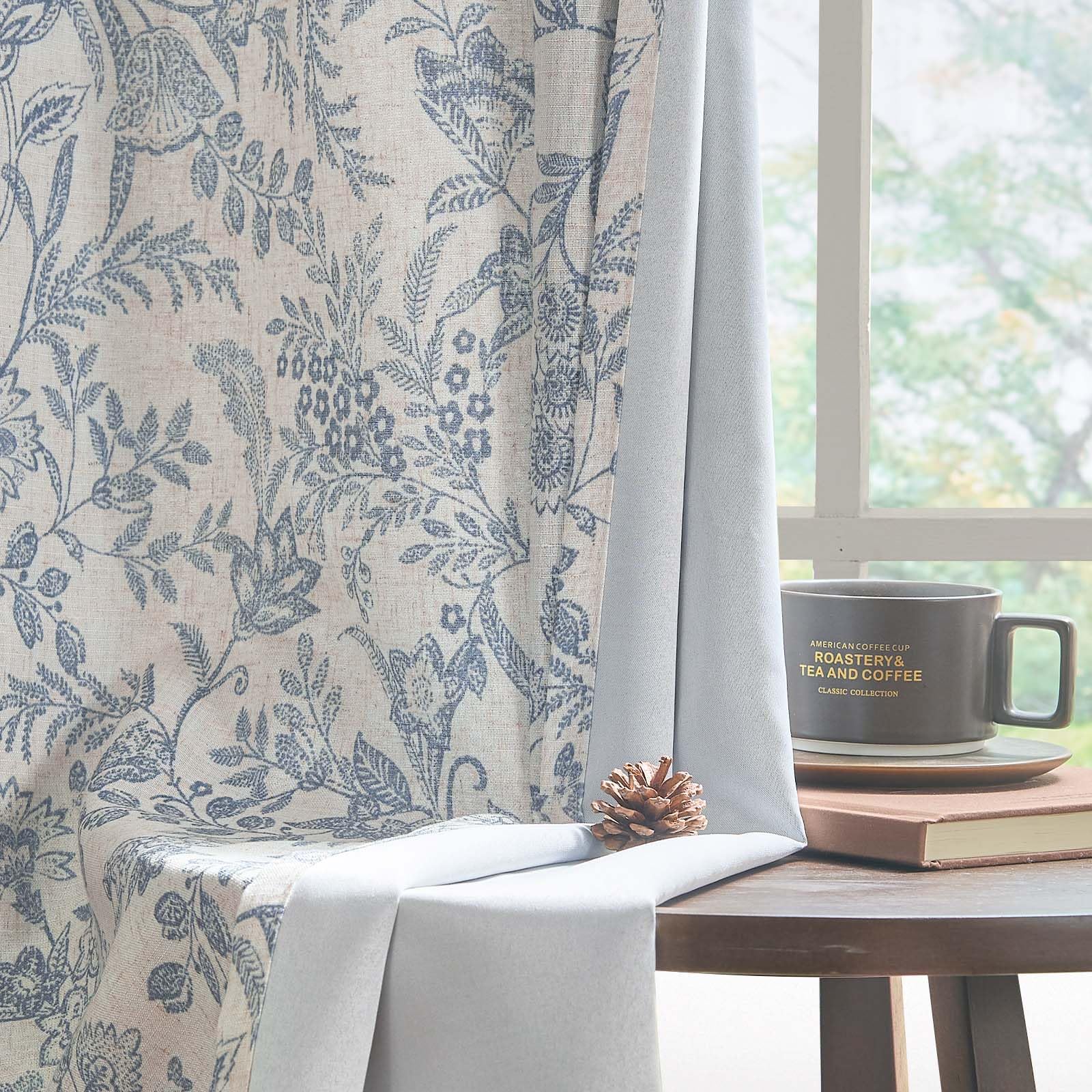 Lazzzy Linen Farmhouse Curtains for Living Room 84 Inch Length Floral Print Window Curtains Semi Sheer Drapes for Bedroom Country Light Filtering Curtain Grommet Top 2 Panels Blue on Beige