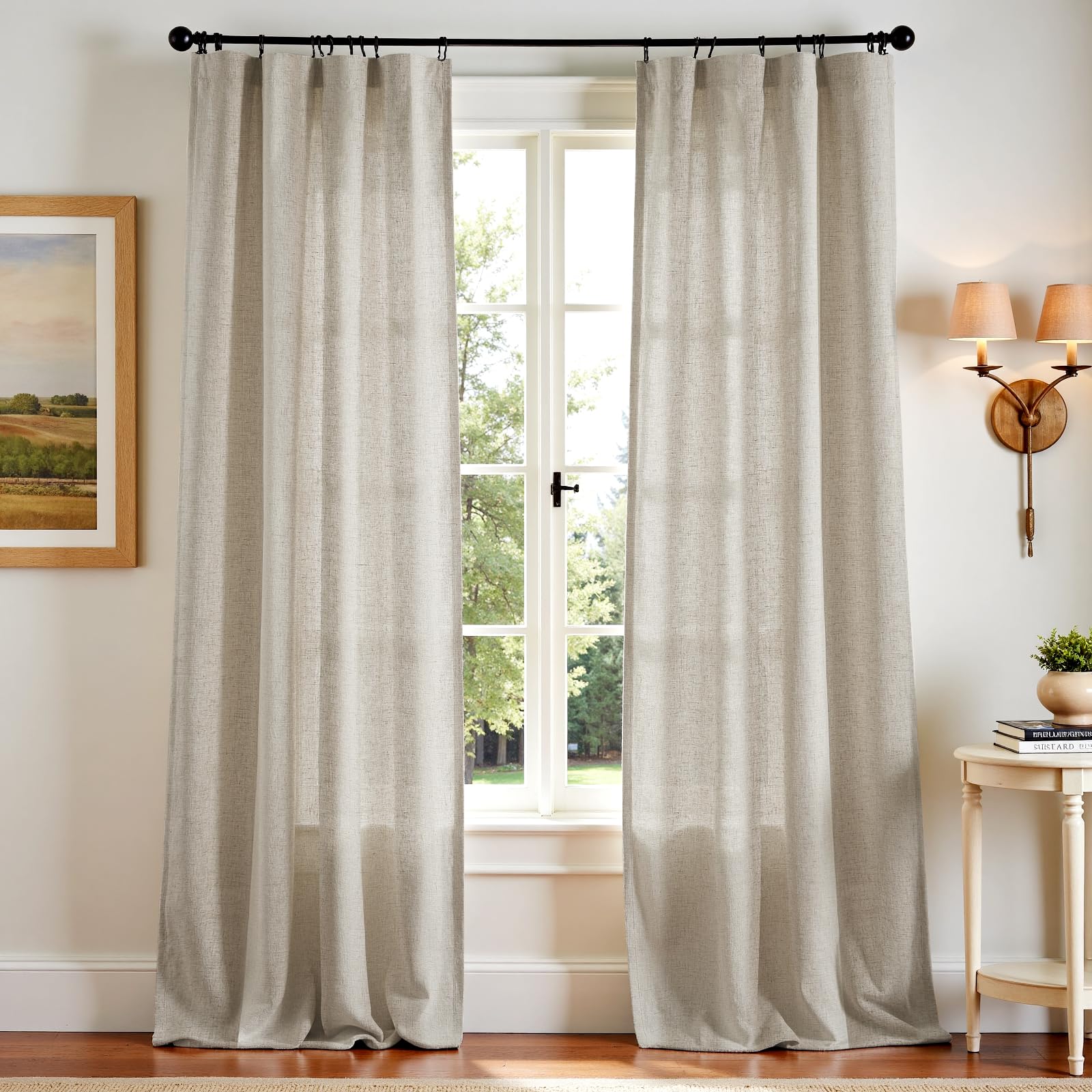 Linen Curtains for Living Room Bedroom 84 Inches Long Thick Linen Textured Beige Curtains Light Filtering Natural Semi Sheer Farmhouse Window Drapes, Country Rustic Drapes 2 Panels Back Tab/Rod Pocket