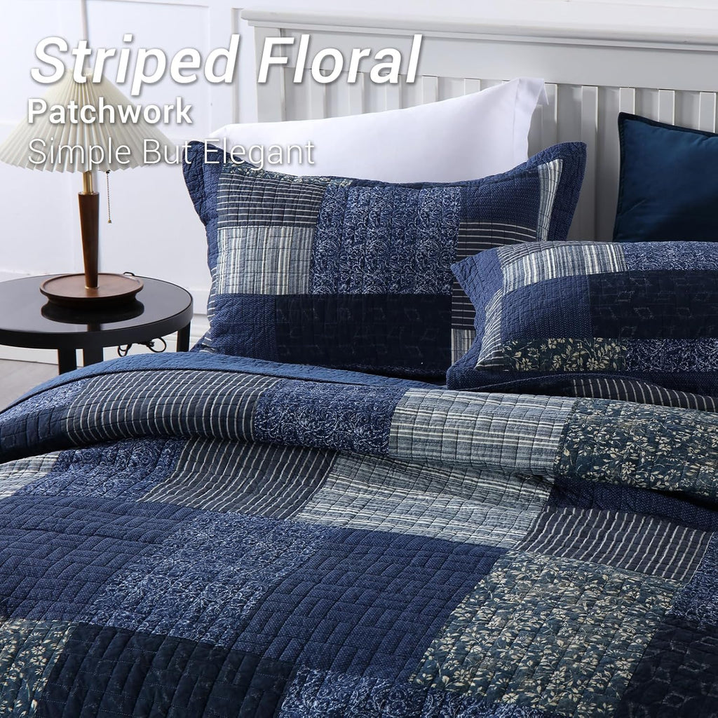 Yvooxny Quilts Queen Size Reversible Lightweight Bedspread 3-Piece Quilt Set Plaid Floral Patchwork 100% Cotton Queen Quilt Set Bedding Set with Pillow Shams for All Seasons, Azure Blue, 90x98''