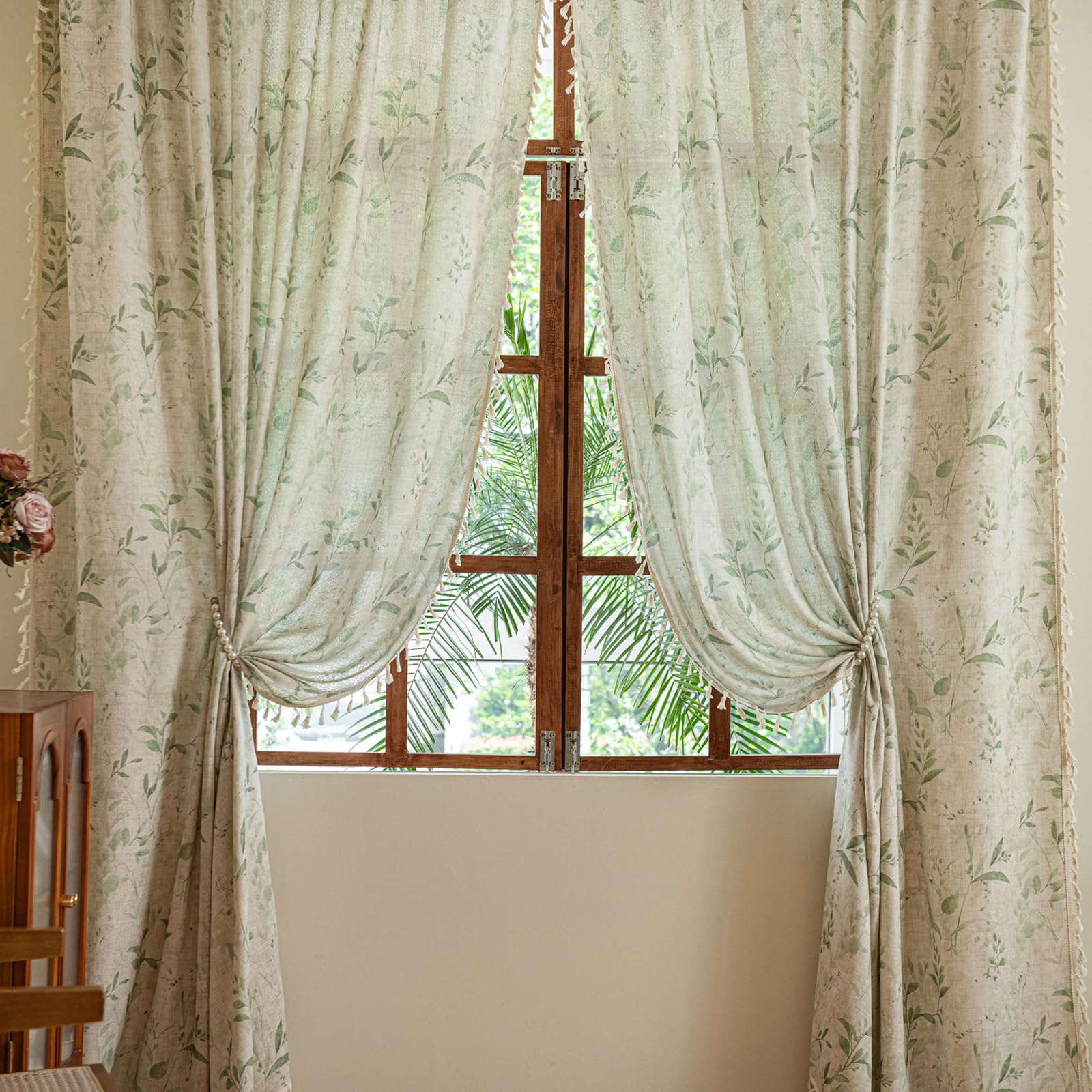 Green Boho Floral Curtains 84", 2 Panels Cotton Linen Semi-Blackout Drapes with Tassel