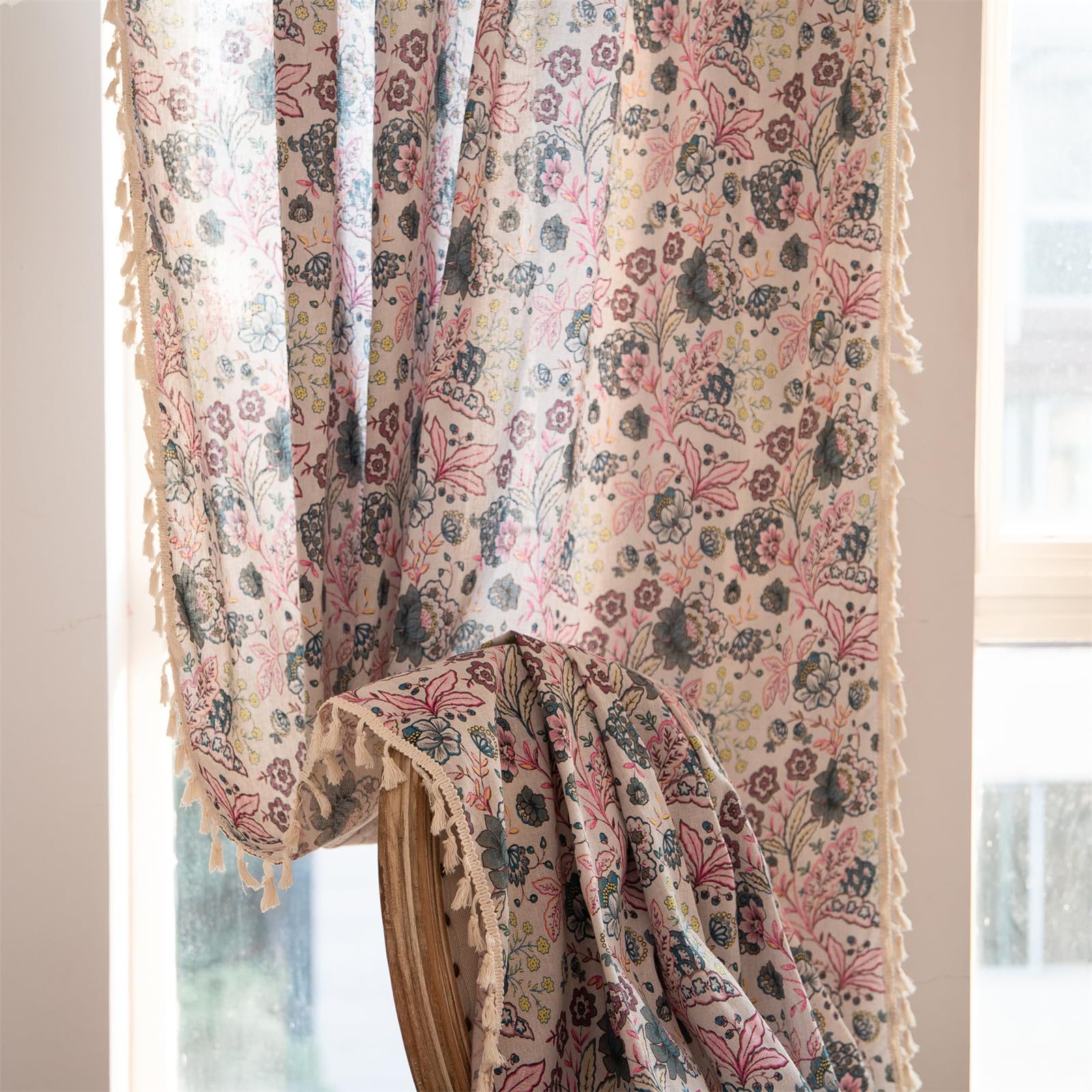 Green Boho Floral Curtains 84", 2 Panels Cotton Linen Semi-Blackout Drapes with Tassel