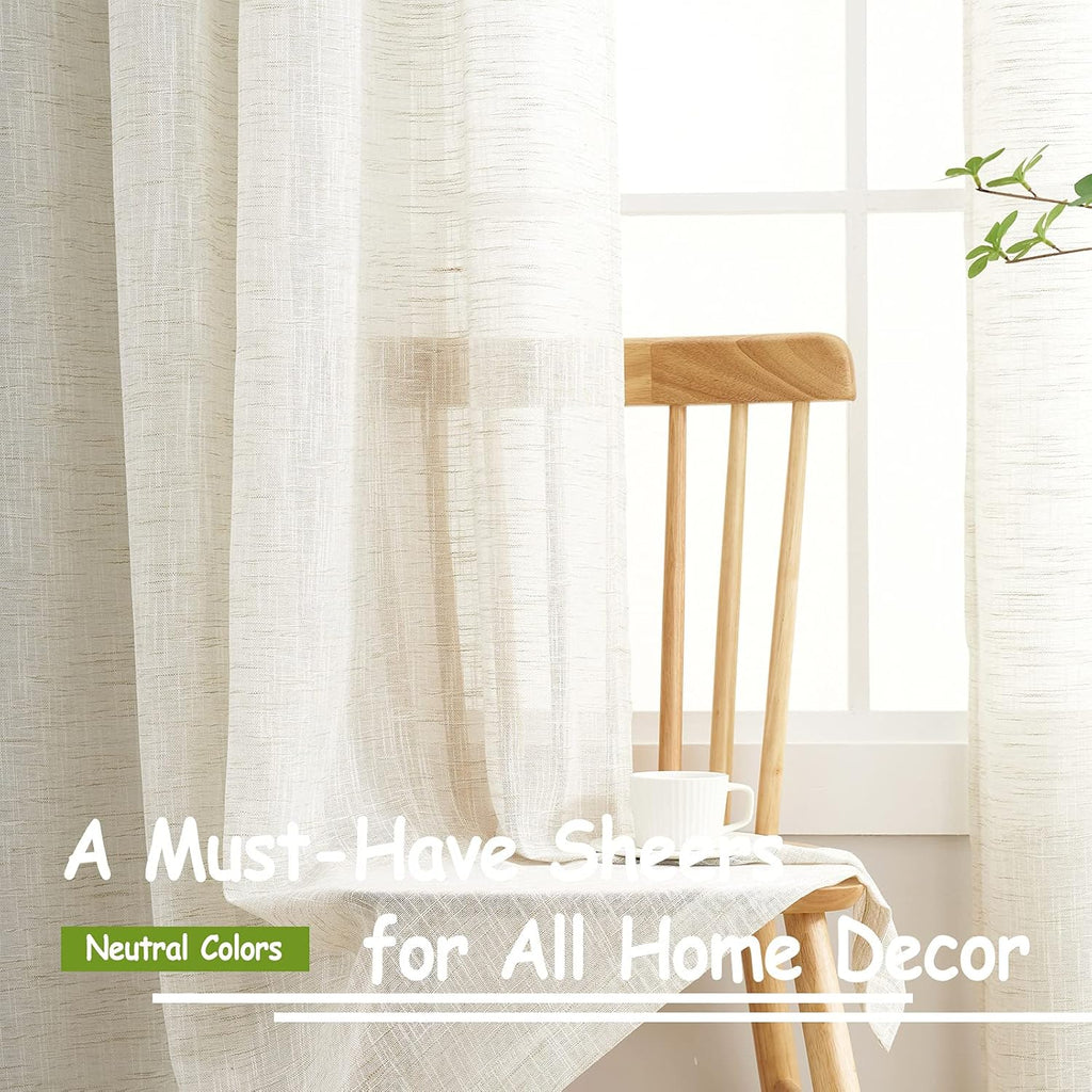 Semi Sheer Curtains for Living Room 95 inch Length Natural Linen Semi Sheer Curtain Drapes for Bedroom Light Filtering Farmhouse Country Rustic Window Curtains 52"w 2 Panels Rod Pocket Beige