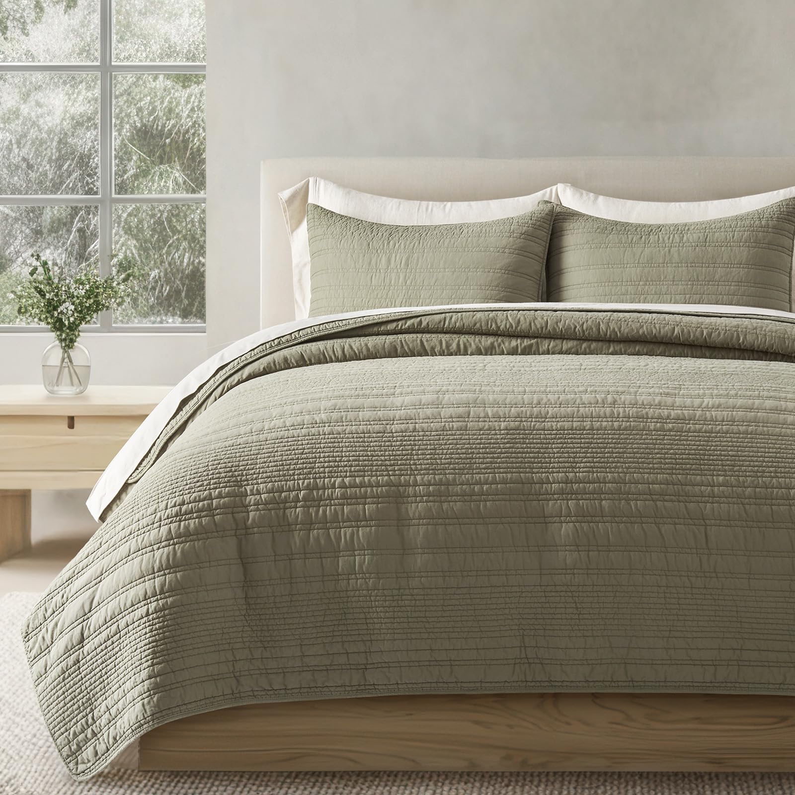 EVERGRACEHOME 100% Cotton Modern Lines Quilt Set Queen Size, Pre-Washed Soft Striped Coverlet Bedspread, 3 Piece Lightweight Bedding Set for All Season, with 2 Pillow Shams, Stone Taupe