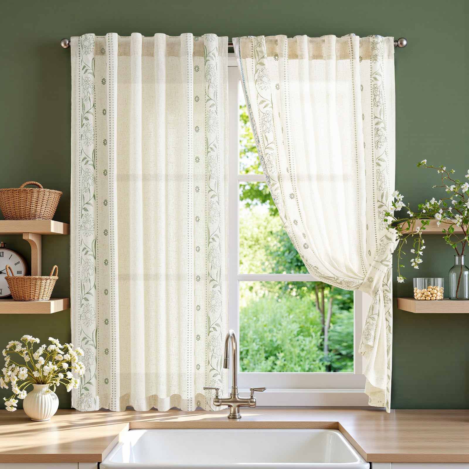 jinchan Winslow Linen Curtains for Bedroom 84 Inches Length Embroidered Bordered Floral Curtains for Living Room Farmhouse Decor Light Filtering Window Treatments Blue on Beige Drapes 2 Panels