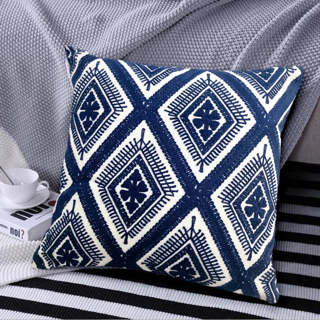 Navy Blue Boho Geometric Pillow Covers 18x18", Set of 2 Embroidered Cotton Cushion Cases