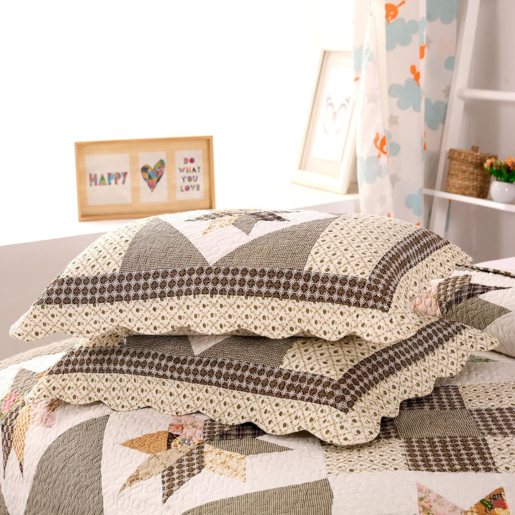 YAYIDAY Quilts Queen Size Patchwork Bedspread Set - 100% Cotton Reversible Breathable Brown Geometric Quilted Quilt with Pillow Shams for All Seasons