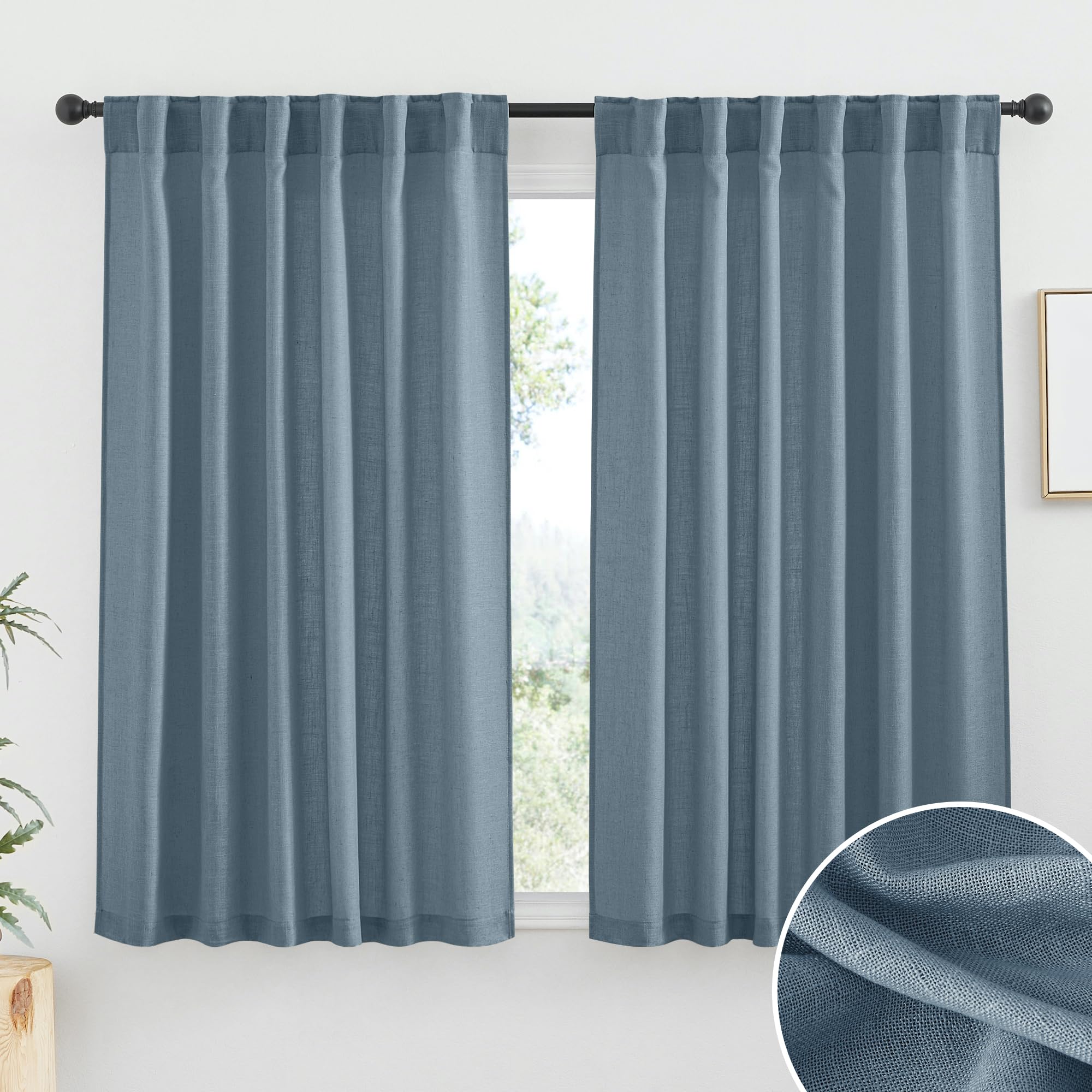 RYB HOME Semi Sheer Curtains - Linen Blend Privacy Curtains Sheer Window Treatment Drapes Farmhouse Decor for Bedroom Living Room Sliding Glass Door, 52 inch Wide x 95 inch Long 2 Panels, Linen