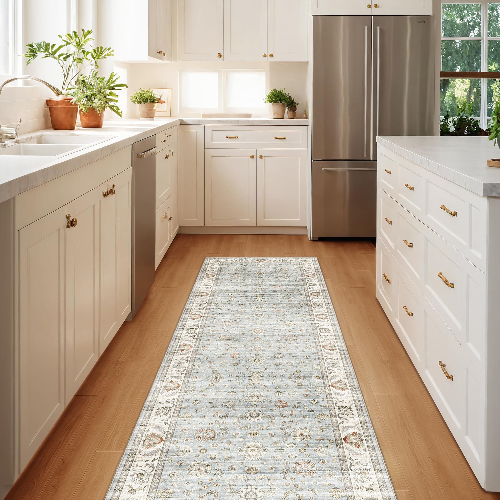 WITSHOCK 10x14 Area Rugs Living Room: Washable Large Neutral Vintage Soft Rug Stain Resistant Non-Slip Farmhouse Indoor Low Pile Floor Carpet for Bedroom Nursery Kids Office- Light Blue