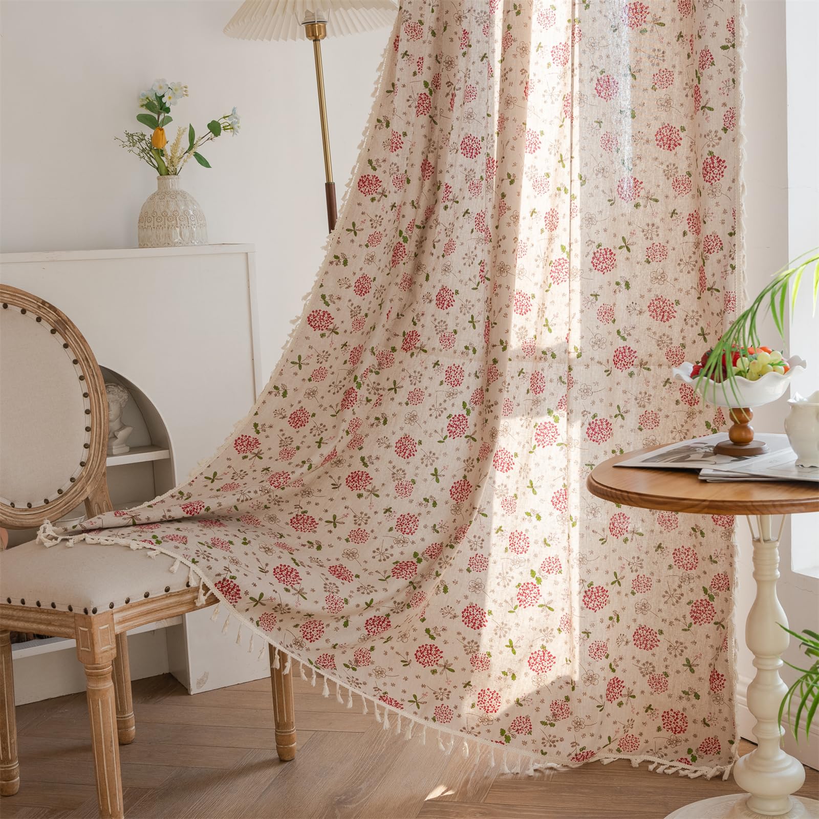 Green Boho Floral Curtains 84", 2 Panels Cotton Linen Semi-Blackout Drapes with Tassel