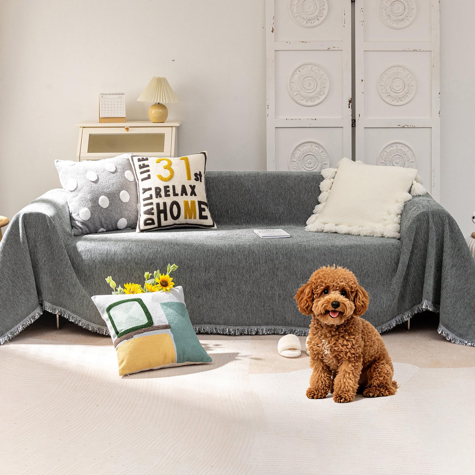 VClife Boho Couch Cover, Washable Sofa Cover for Dog, Non Slip Couch Covers for 3 Cushion Couch, Modern Khaki Creamy White Geometric Sofa Slipcovers Multi-Functional Furniture Protector 71'' x 134''