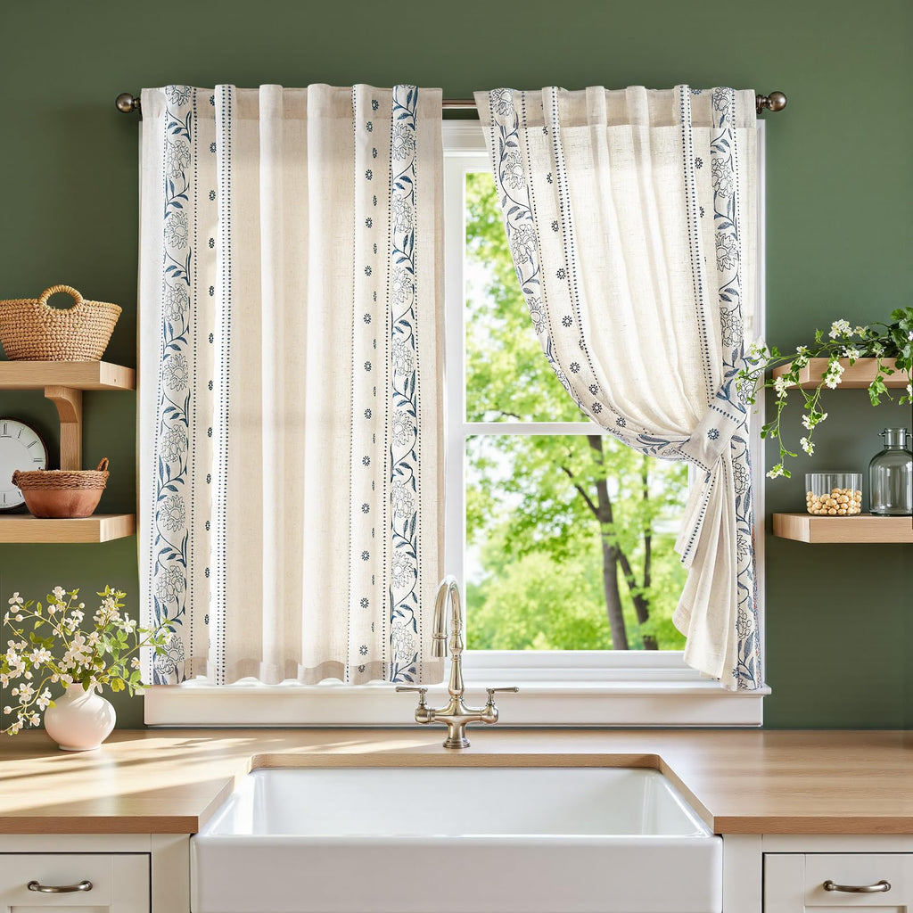 jinchan Winslow Linen Curtains for Bedroom 84 Inches Length Embroidered Bordered Floral Curtains for Living Room Farmhouse Decor Light Filtering Window Treatments Blue on Beige Drapes 2 Panels