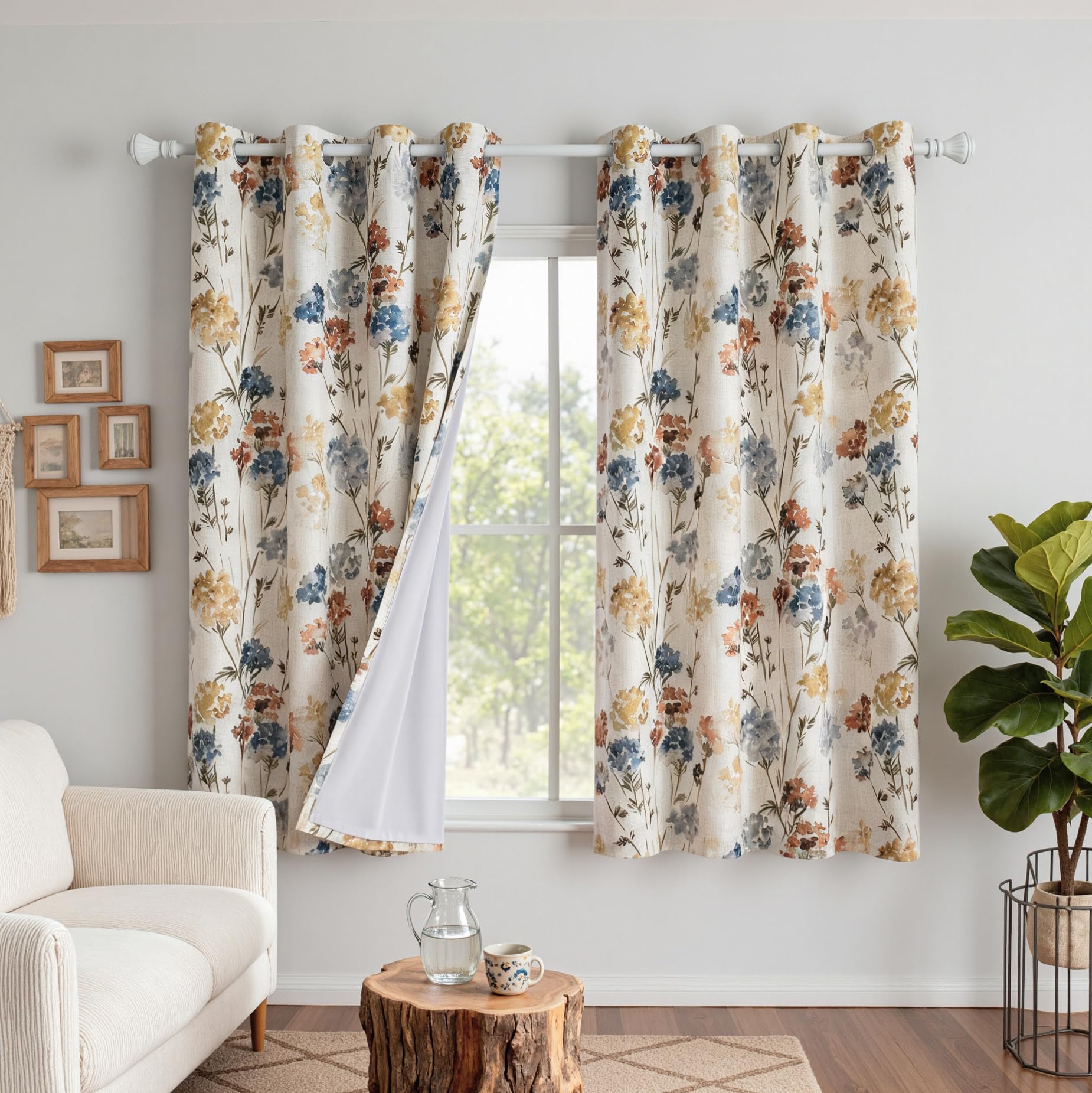 MYSKY HOME Floral Curtains for Living Room Linen Look Semi Sheer Vertical Light Filtering Privacy Drapes Decor Farmhouse Style Texture for Bedroom Dining Room, Brown, W52 x L84, Pack-2