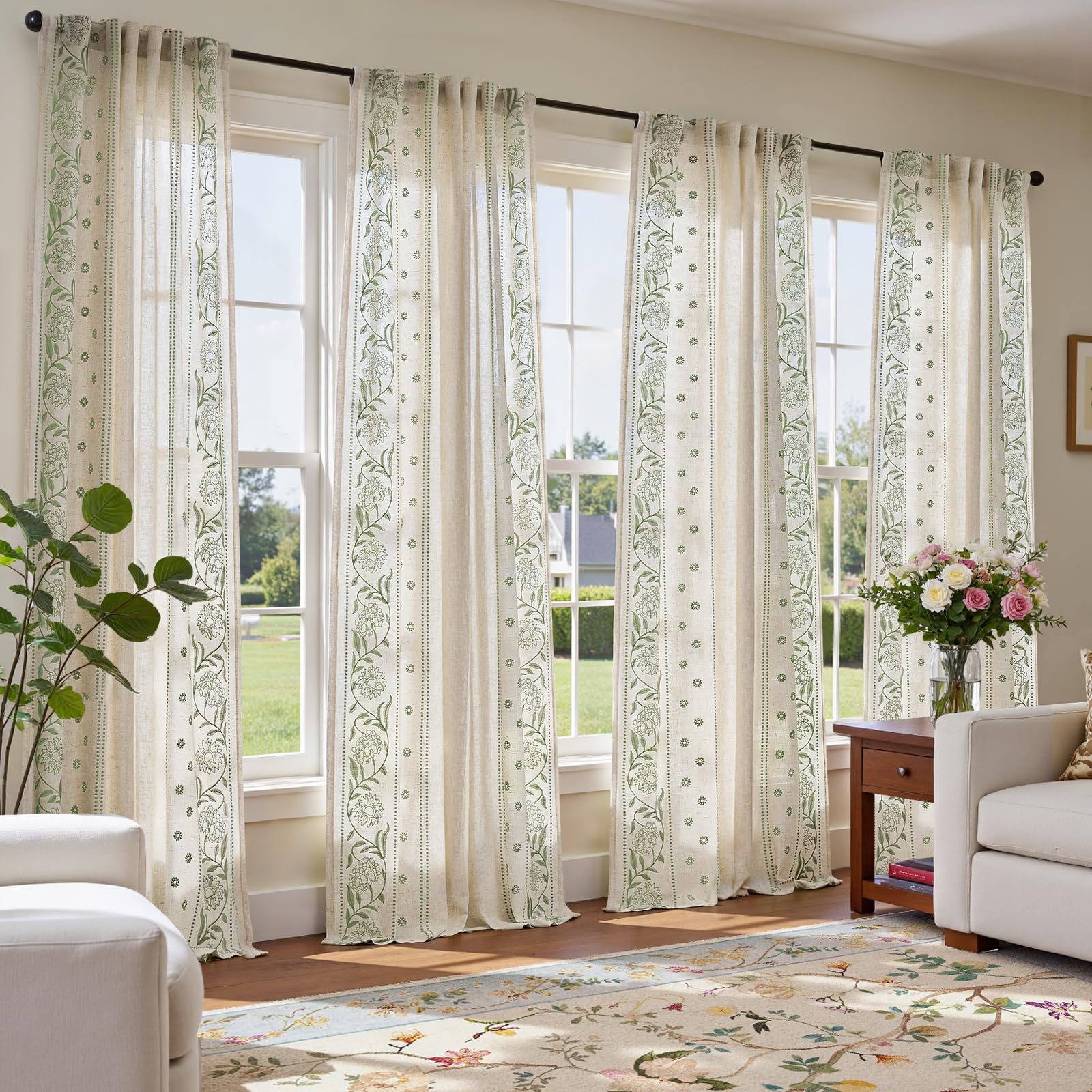 jinchan Winslow Linen Curtains for Bedroom 84 Inches Length Embroidered Bordered Floral Curtains for Living Room Farmhouse Decor Light Filtering Window Treatments Blue on Beige Drapes 2 Panels