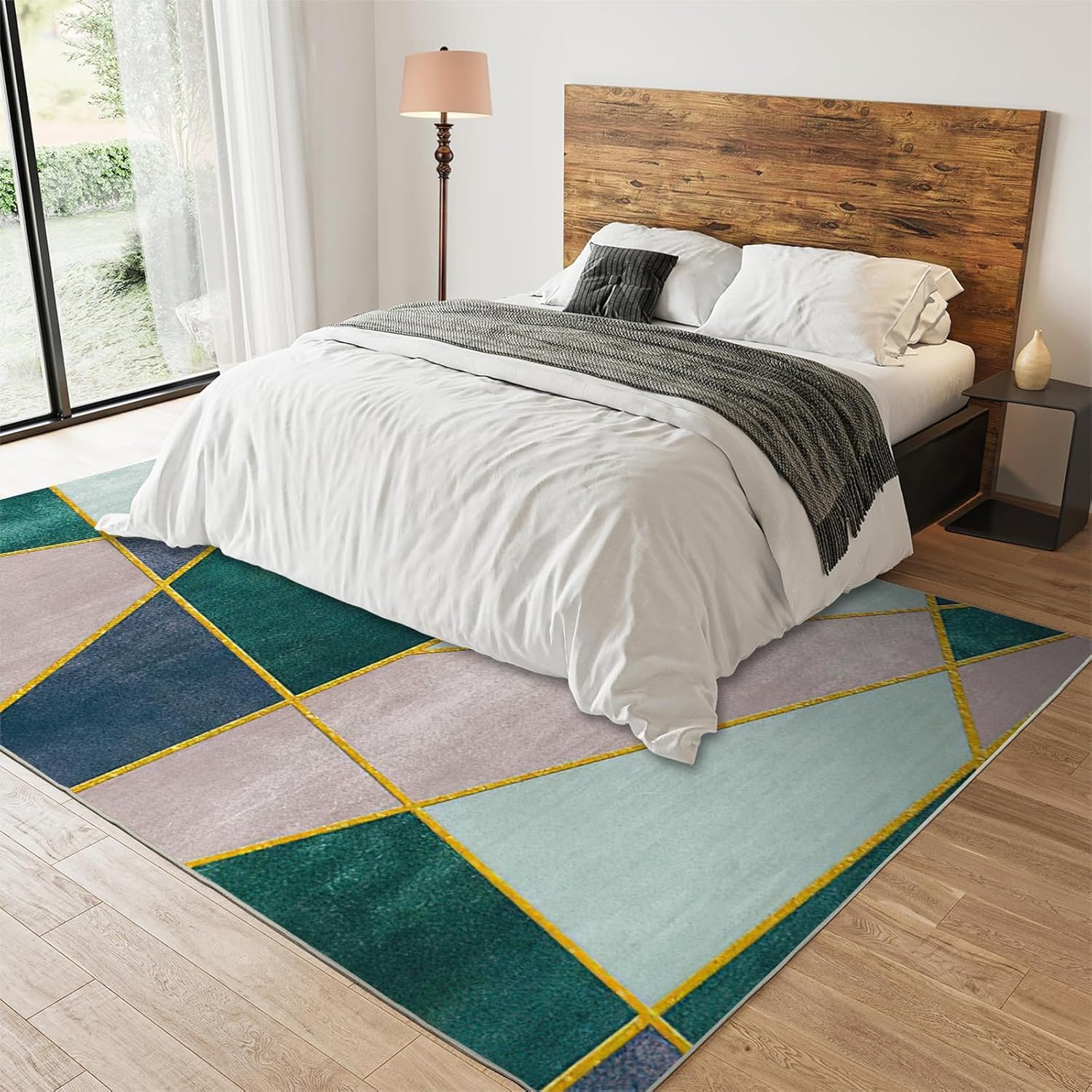 5x6 Area Rug Nordic Light Luxury Rugs for Bedroom, Emerald Green Pink Blue Gold Geometric Bedroom Rug Aesthetic Easy to Clean for Indoor Outdoor Hardwood Floors Home Decor