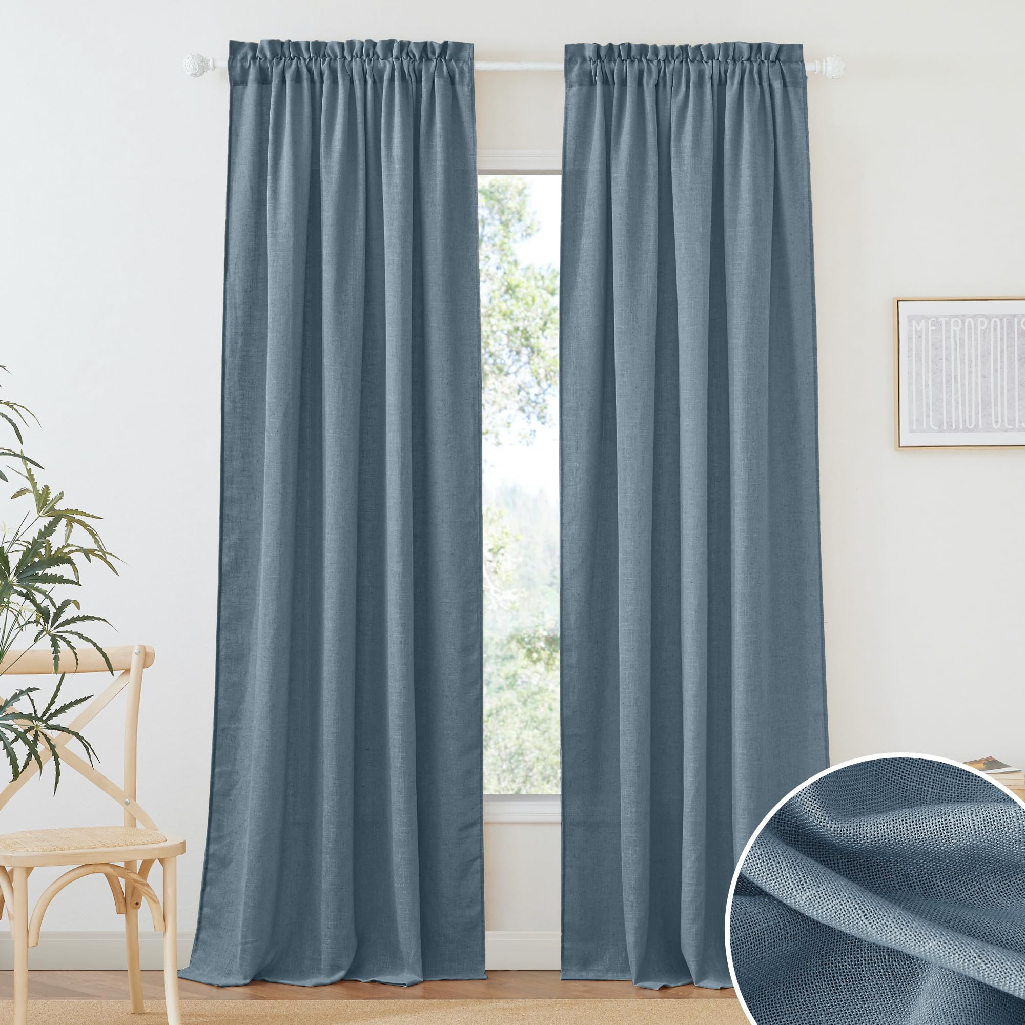 RYB HOME Semi Sheer Curtains - Linen Blend Privacy Curtains Sheer Window Treatment Drapes Farmhouse Decor for Bedroom Living Room Sliding Glass Door, 52 inch Wide x 95 inch Long 2 Panels, Linen