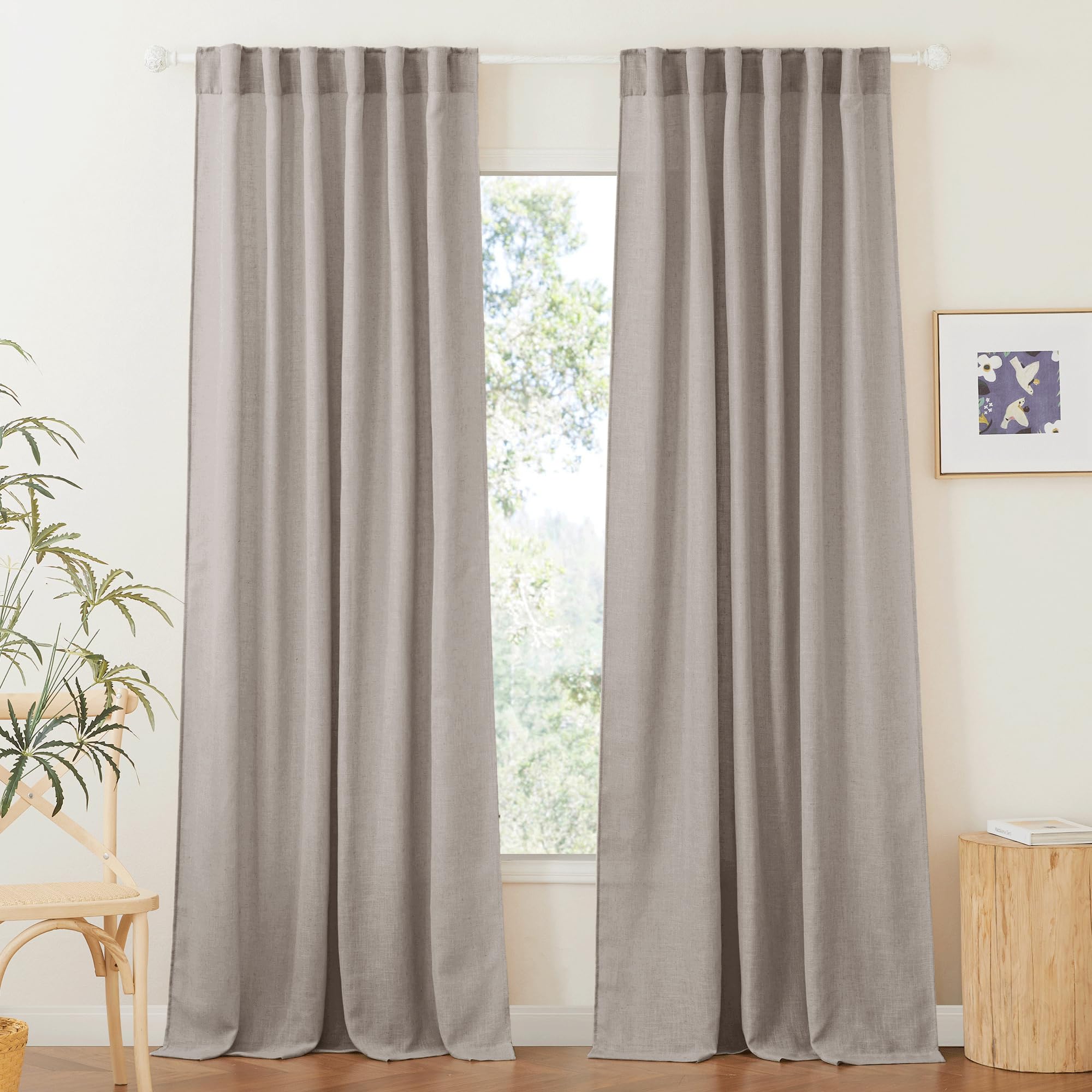 RYB HOME Semi Sheer Curtains - Linen Blend Privacy Curtains Sheer Window Treatment Drapes Farmhouse Decor for Bedroom Living Room Sliding Glass Door, 52 inch Wide x 95 inch Long 2 Panels, Linen