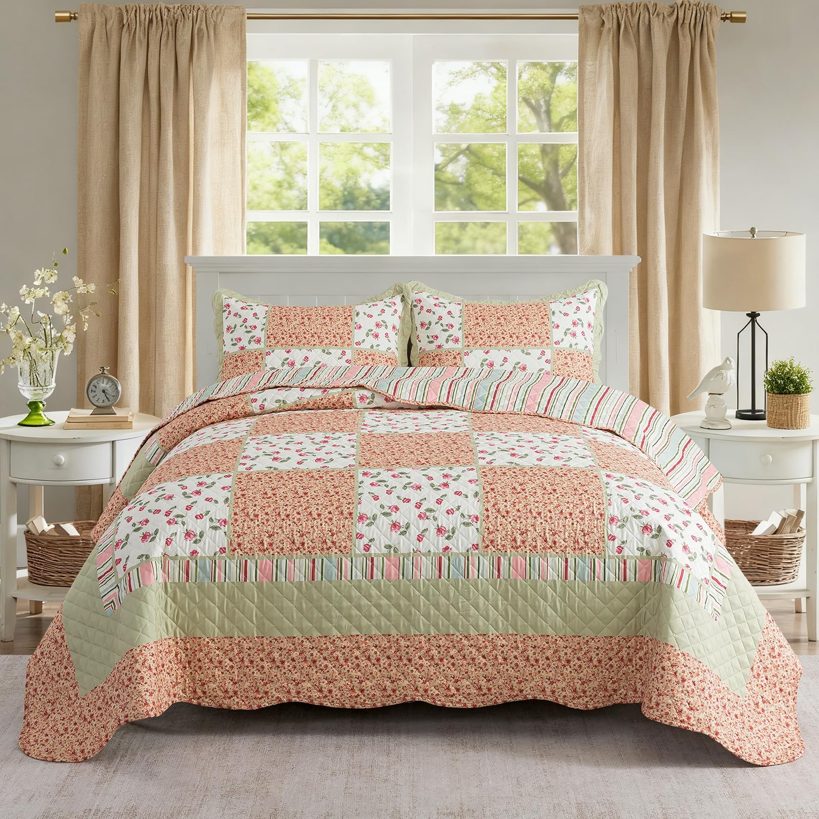 NEWLAKE Quilt Set Queen Size, 100% Cotton Patchwork Green Bohemian Quilt Sets, Reversible Bedspread Lightweight and Breathable for All Seasons, Soft Quilted Bedspread with 2 Pillow Shams