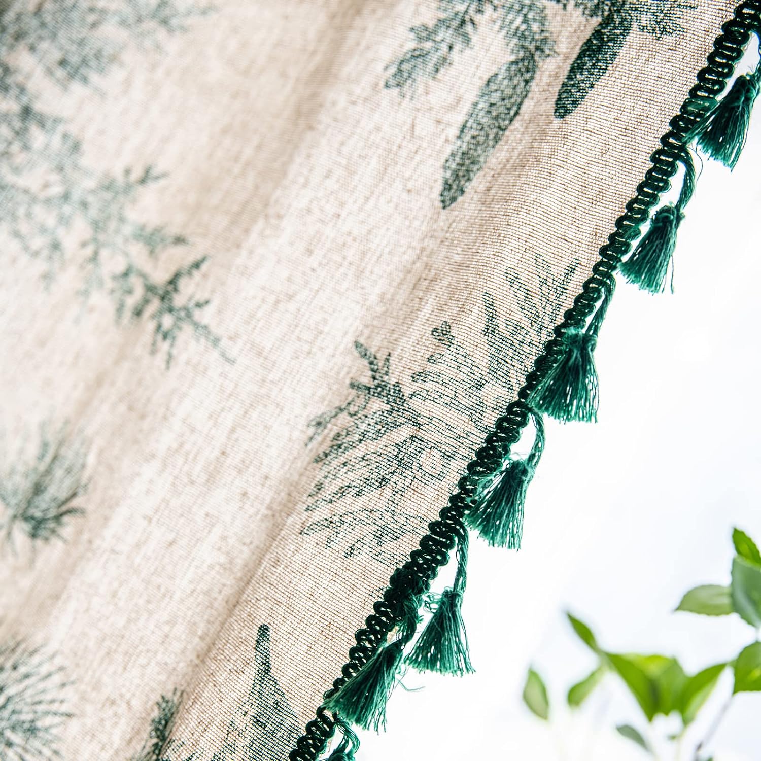 Green Boho Floral Curtains 84", 2 Panels Cotton Linen Semi-Blackout Drapes with Tassel