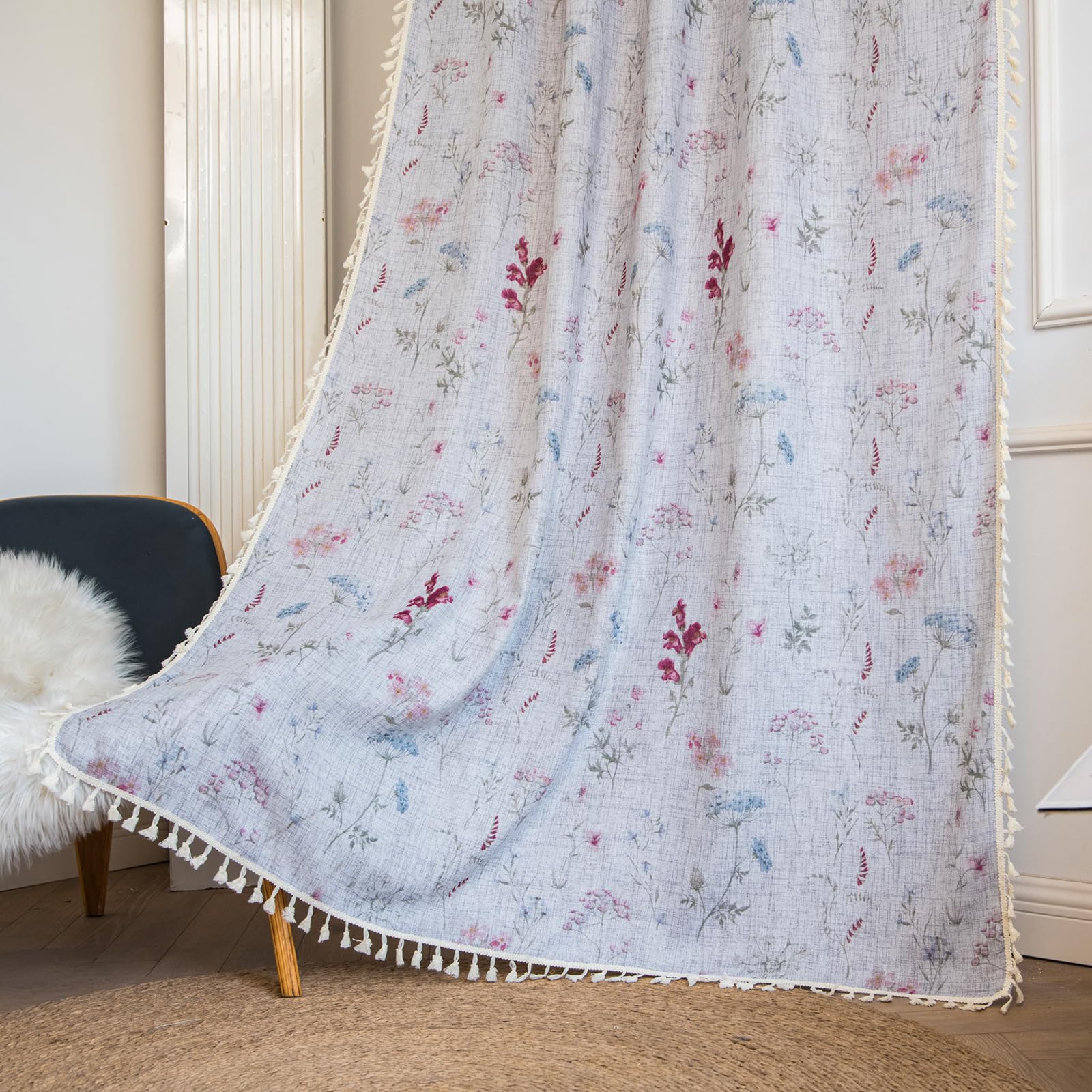 Green Boho Floral Curtains 84", 2 Panels Cotton Linen Semi-Blackout Drapes with Tassel