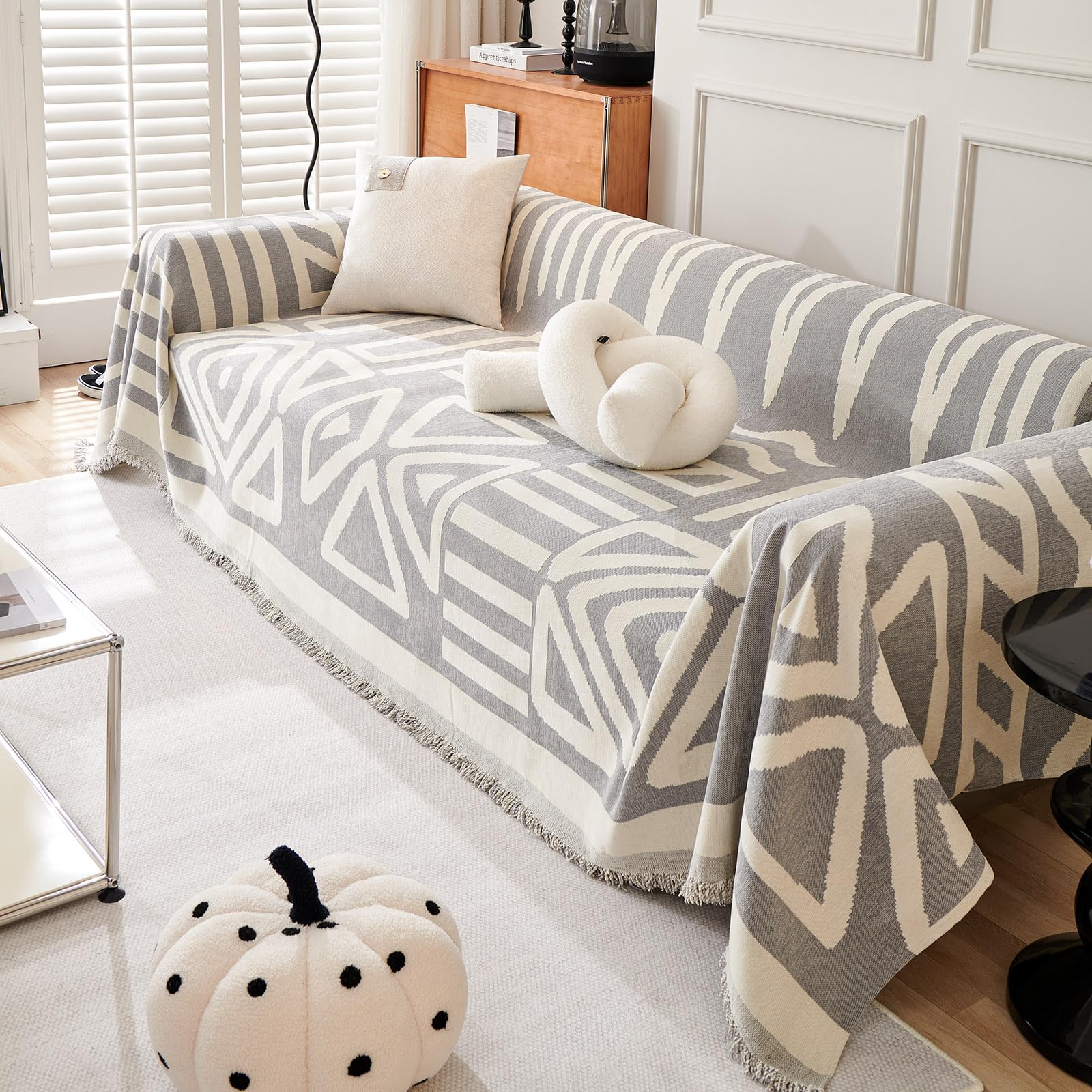 VClife Boho Couch Cover, Washable Sofa Cover for Dog, Non Slip Couch Covers for 3 Cushion Couch, Modern Khaki Creamy White Geometric Sofa Slipcovers Multi-Functional Furniture Protector 71'' x 134''