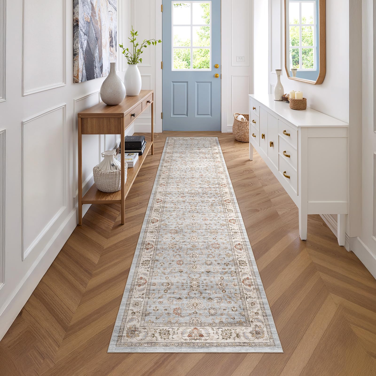 WITSHOCK 10x14 Area Rugs Living Room: Washable Large Neutral Vintage Soft Rug Stain Resistant Non-Slip Farmhouse Indoor Low Pile Floor Carpet for Bedroom Nursery Kids Office- Light Blue